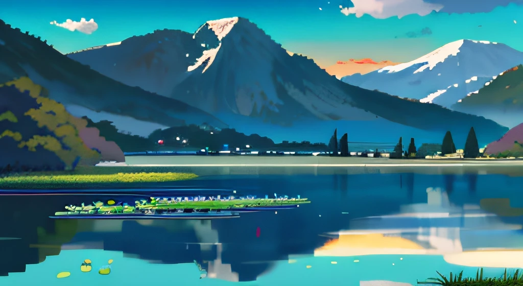 Lake painting with water lilies and mountains as background, anime beautiful peace scene, beautiful anime scenery, anime landscape wallpapers, ross tran. scenery background, Anime landscape, beautiful lake background, Detailed scenery —width 672, beautiful anime scenes, Anime Nature, beautiful digital painting, peaceful landscape, anime nature wallpap, Beautiful art UHD 4 K