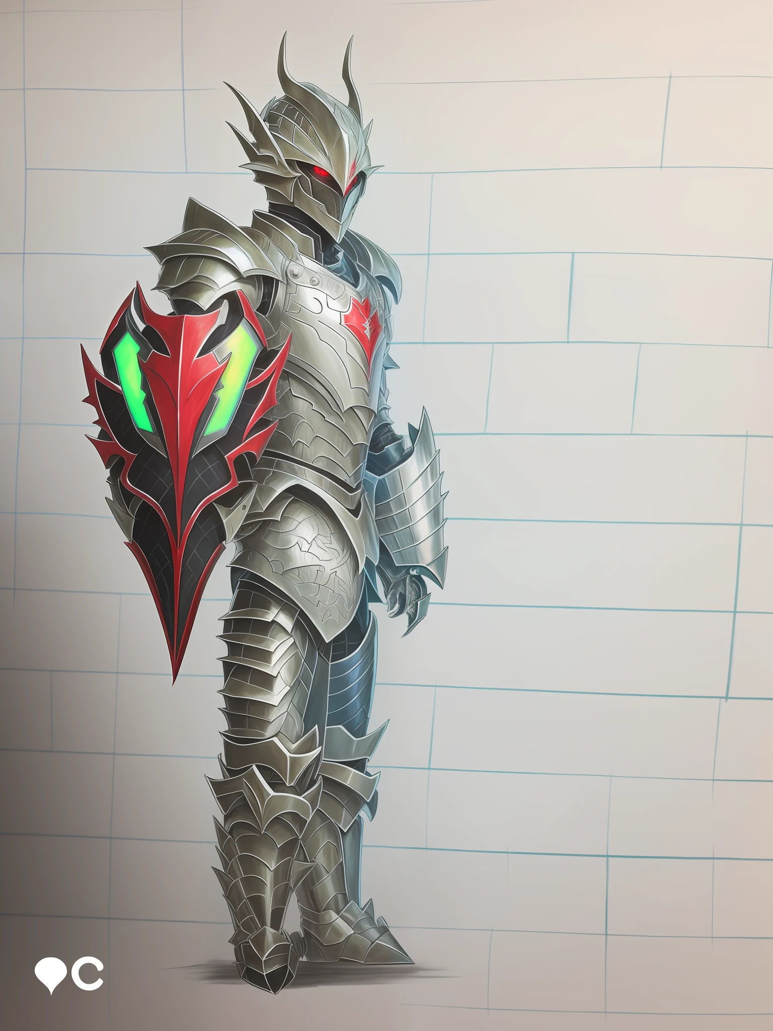 Draw a man with a shield and a heart on a piece of paper, draconic looking armor, no shade, an anime drawing, color drawing, transforming into his final form, ( ( colored pen ) ), unknown artstyle, covered in full metal armor, inspired by Ryūsei Kishida, Humanoid form, Black and red armor