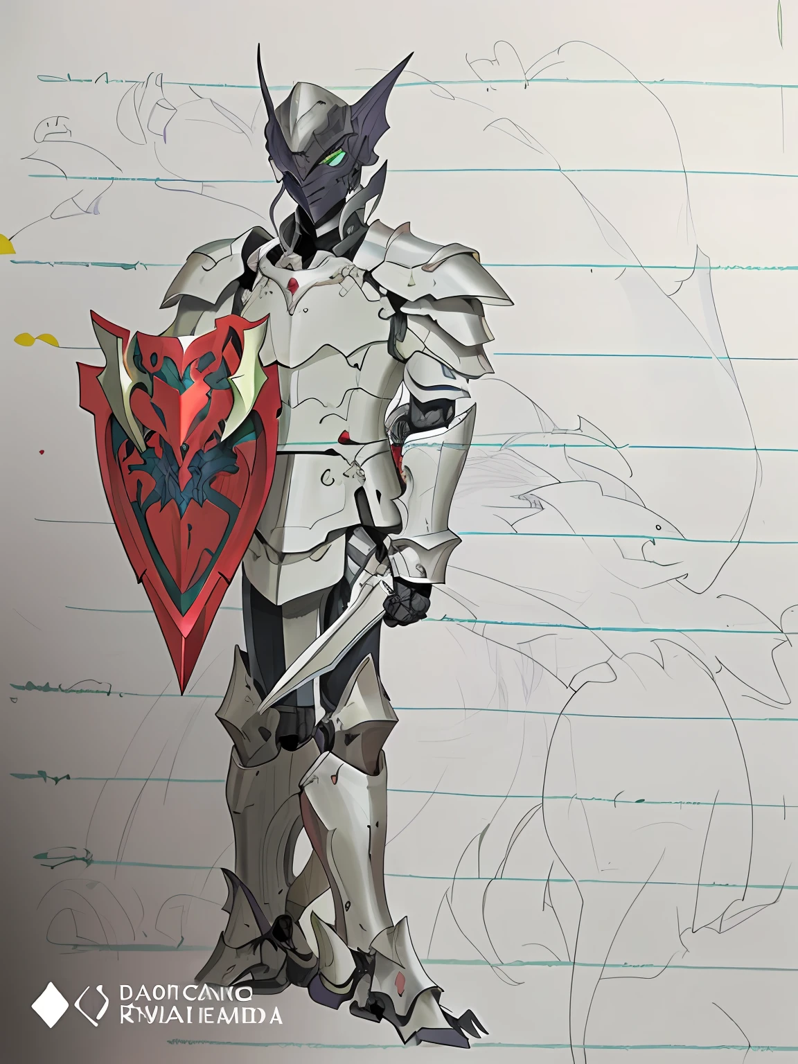 Draw a man with a shield and a heart on a piece of paper, draconic looking armor, no shade, an anime drawing, color drawing, transforming into his final form, ( ( colored pen ) ), unknown artstyle, covered in full metal armor, inspired by Ryūsei Kishida, Humanoid form, Black and red armor