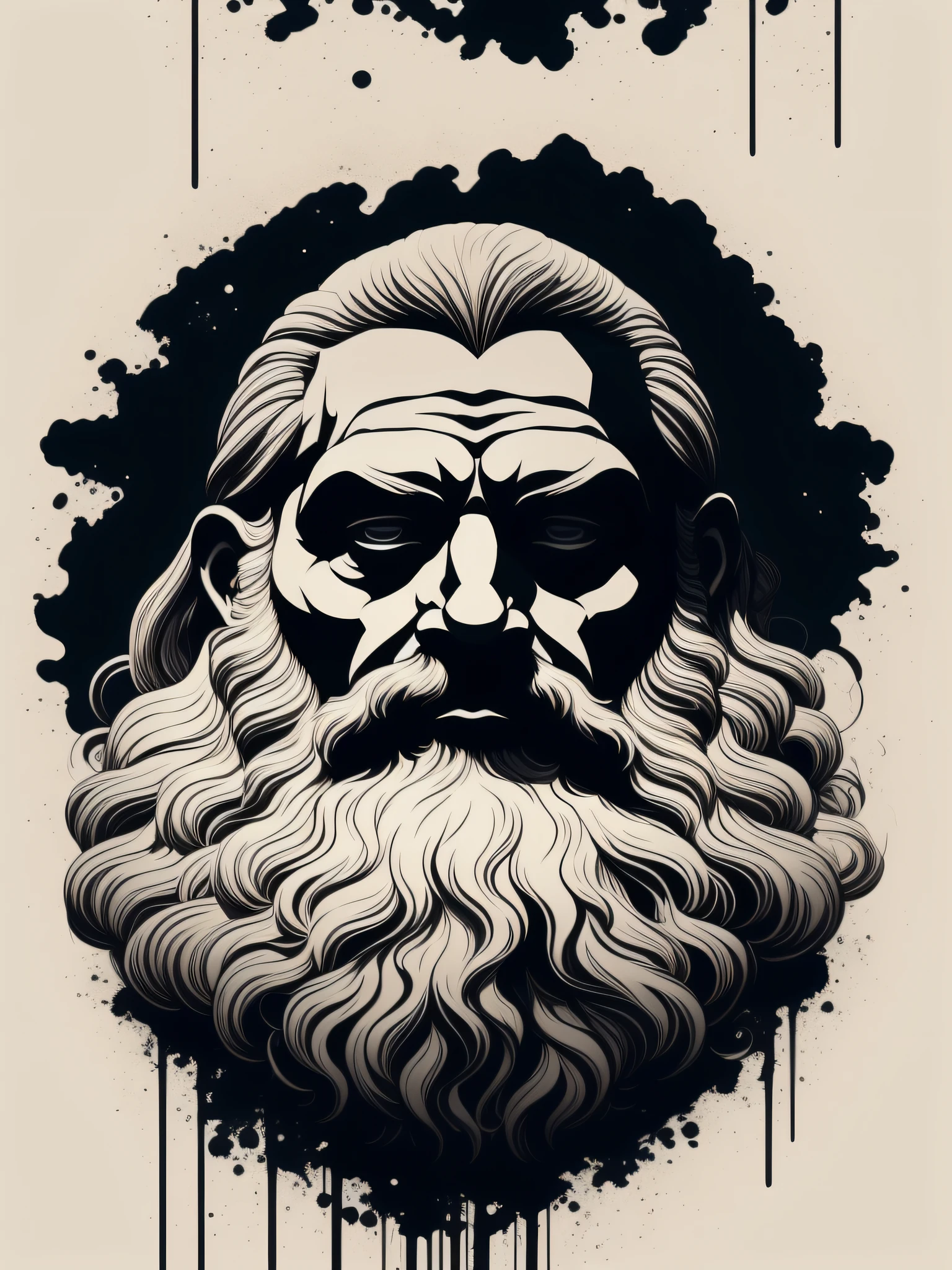 Zeus, arte da camiseta, 2D, ((fundo preto: 1, 5)), vetor, cores vivas, obra-prima, melhor qualidade, detalhes intrincados, perfect symmetrical face, detalhes realistas, gothic theme, luz de aro, luar, cinematic shading, Greg Rutkowisk