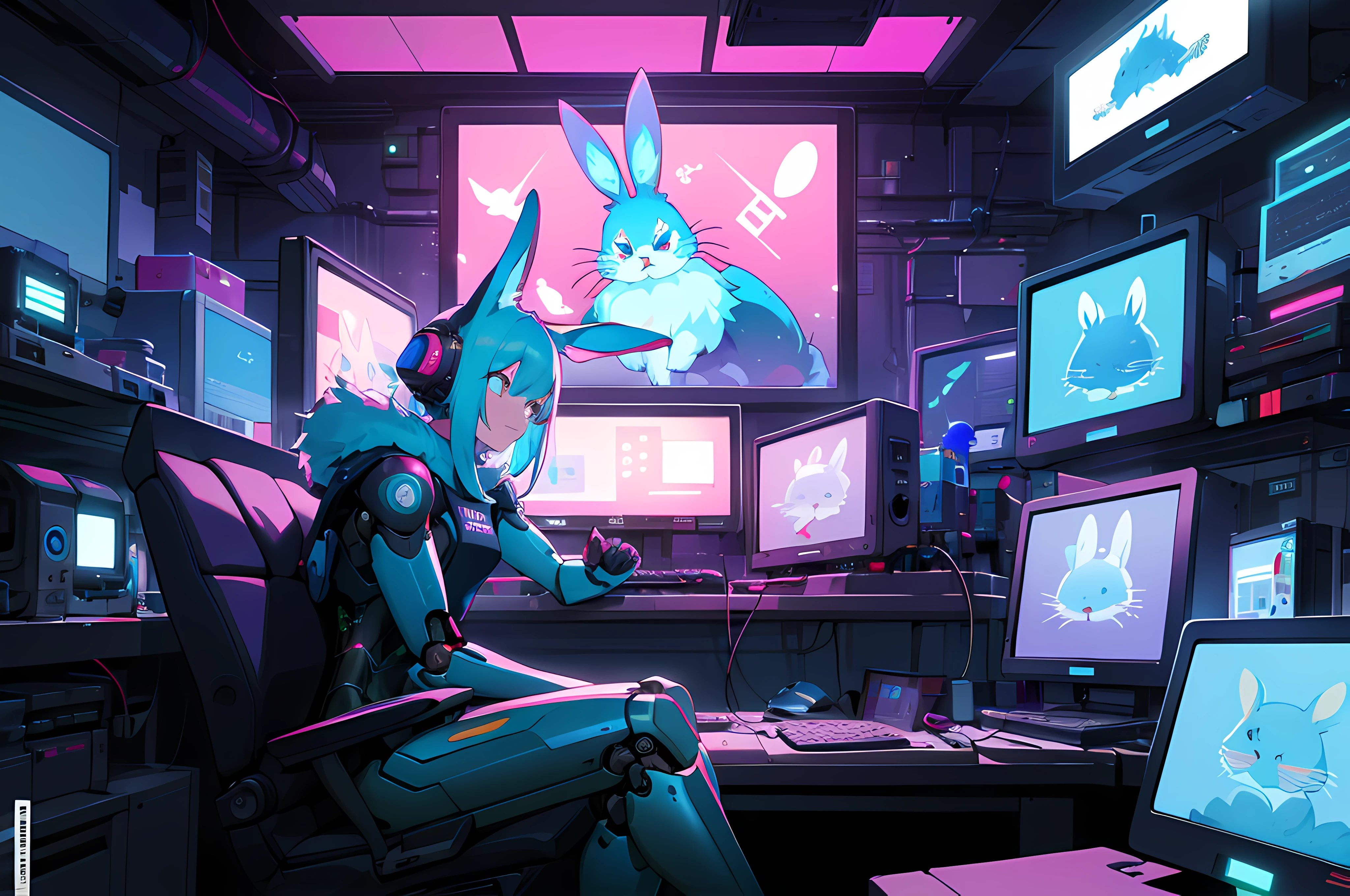 (blame! style abandoned tech landscape), (Zen, Amy Sol style), (((beats to relax/study to))), (((Lofi anthro kemono blue-furred rabbit girl in power armor sitting in metal chair behind computer terminal, behind giant glass terminal screen, beats to relax/study to))), (((blue kemono beastars furry rabbit anime hacker with small soft furry paws))), (((suspended glass cyberpunk computer terminals with robot rabbit in background))), ((glowing cyberdeck screens)), (underground, dark, foggy, perilous, abandoned dystopian apartment bedroom, deep windows), (abstract anthro rabbit figure wearing bunny ears), cover art with light abstraction, abstract, simple vector art, contemporary Cybernetic art, color gradients, soft color palettes, layered forms, whimsical animation, style Ethereal abstract, 4K, --v6