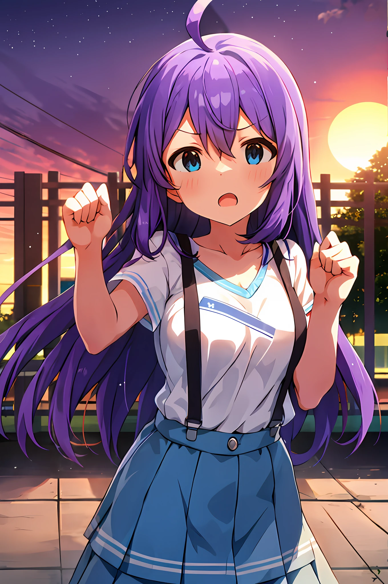 mochizuki anna,1girl in,Solo,Long hair,Purple hair,big breasts.Ahoge,Blue eyes.Short stature.white t-shirts.suspenders.Skirt.Evening glow.the setting sun.Despair face.Sweat.Opening Mouth.up chest.Fighting stance.