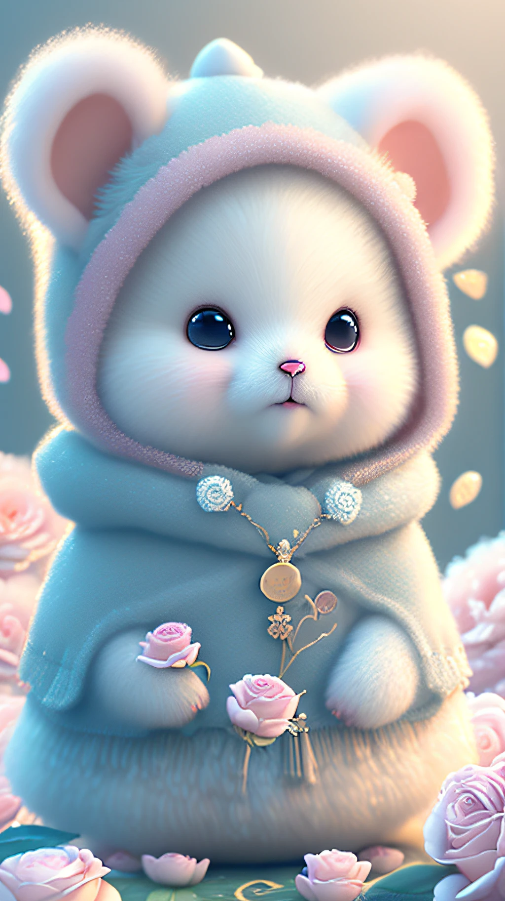 Nesta arte CG ultra-detalhada, Cute bears surrounded by ethereal roses, risos, melhor qualidade, alta resolução, detalhes intrincados, fantasia, animais bonitos, roxo, humorous, boca aberta!! Rir!!!
