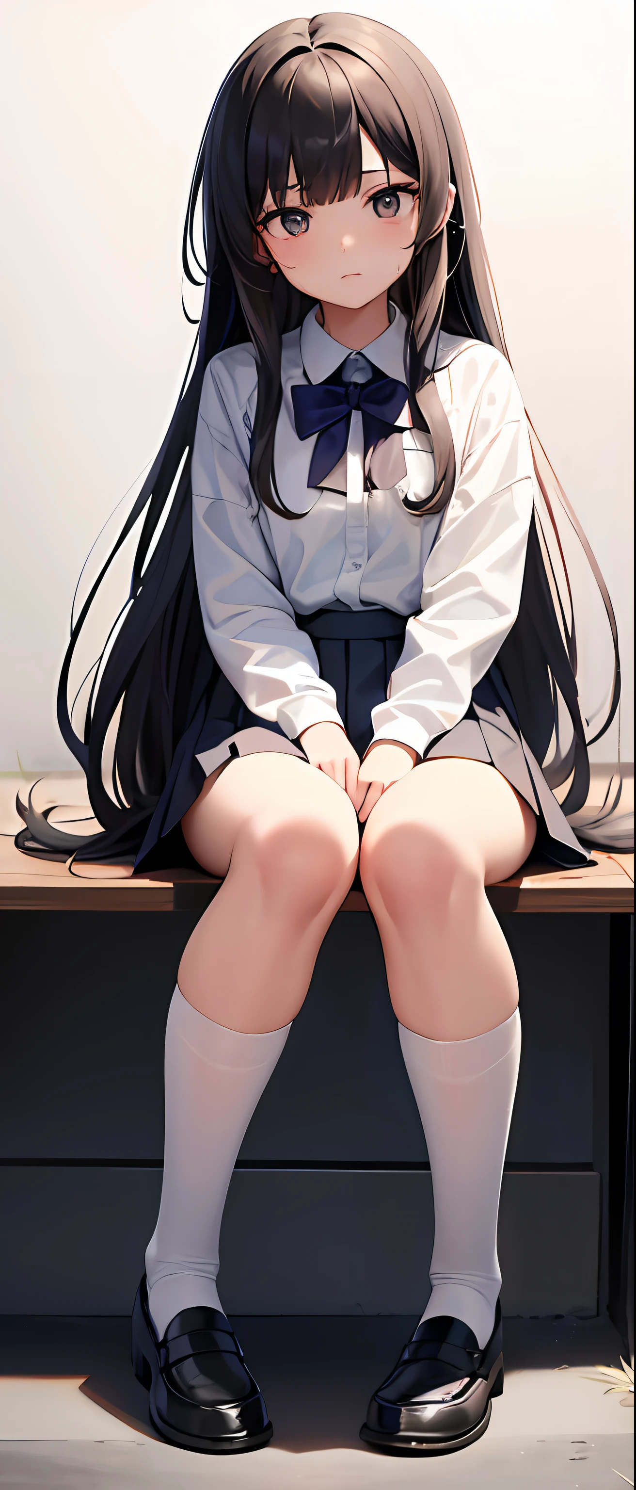 best quality,masterpiece,white background,white shirt,short pleated skirt,whole body,Fair skin,blunt bangs,gladient hair,loosen clothing around the neck,folding arms,look down on,extremely long hair,spreading hair,ivory hair,spreading legs,loafers,over knee socks,black socks,troll face,squat down,wet,children,young,girl,camel toe,little girl