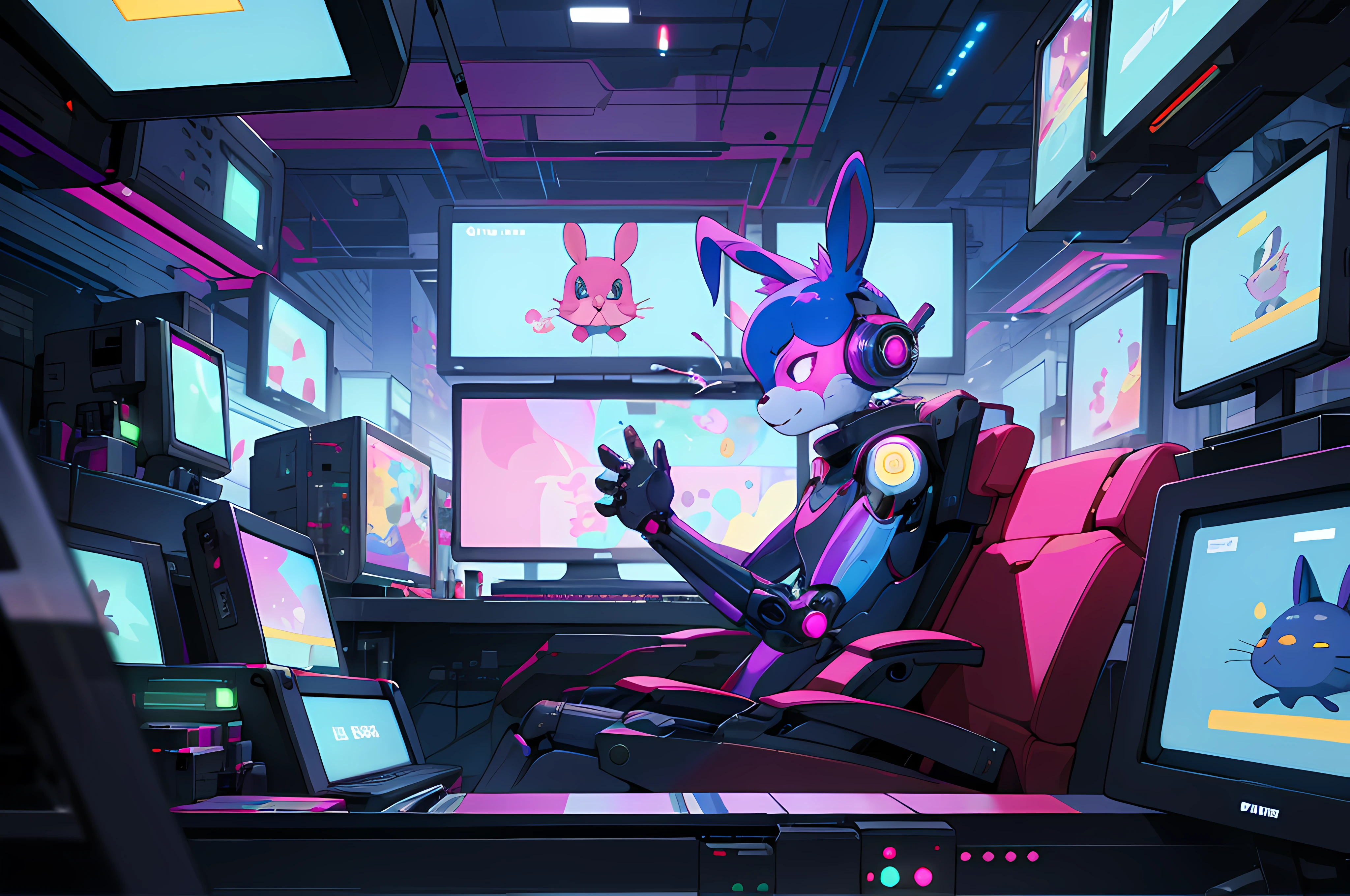(blame! style abandoned tech landscape), (Zen, Amy Sol style), (((beats to relax/study to))), (((Lofi anthro kemono blue-furred rabbit girl in power armor sitting in metal chair behind computer terminal, behind giant glass terminal screen, beats to relax/study to))), (((blue kemono beastars furry rabbit anime hacker with small soft furry paws))), (((suspended glass cyberpunk computer terminals with robot rabbit in background))), ((glowing cyberdeck screens)), (underground, dark, foggy, perilous, abandoned dystopian apartment bedroom, deep windows), (abstract anthro rabbit figure wearing bunny ears), cover art with light abstraction, abstract, simple vector art, contemporary Cybernetic art, color gradients, soft color palettes, layered forms, whimsical animation, style Ethereal abstract, 4K, --v6