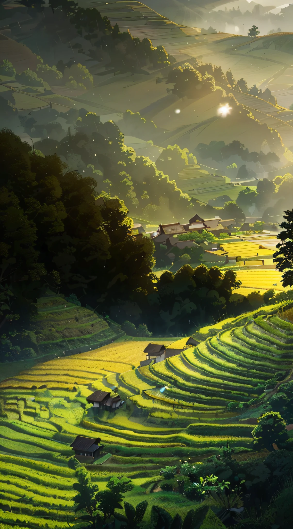 Large expanses of terraced fields, mountains, huts, with rice fields, rice fields, neat rice seedlings in the fields, misty rain, villages, agriculture, in the tranquil landscape, misty weather, in the vast tranquil landscape, in the early morning, in the morning mist, behind a small village, mist, Japanese countryside, thatched roofs --v 6