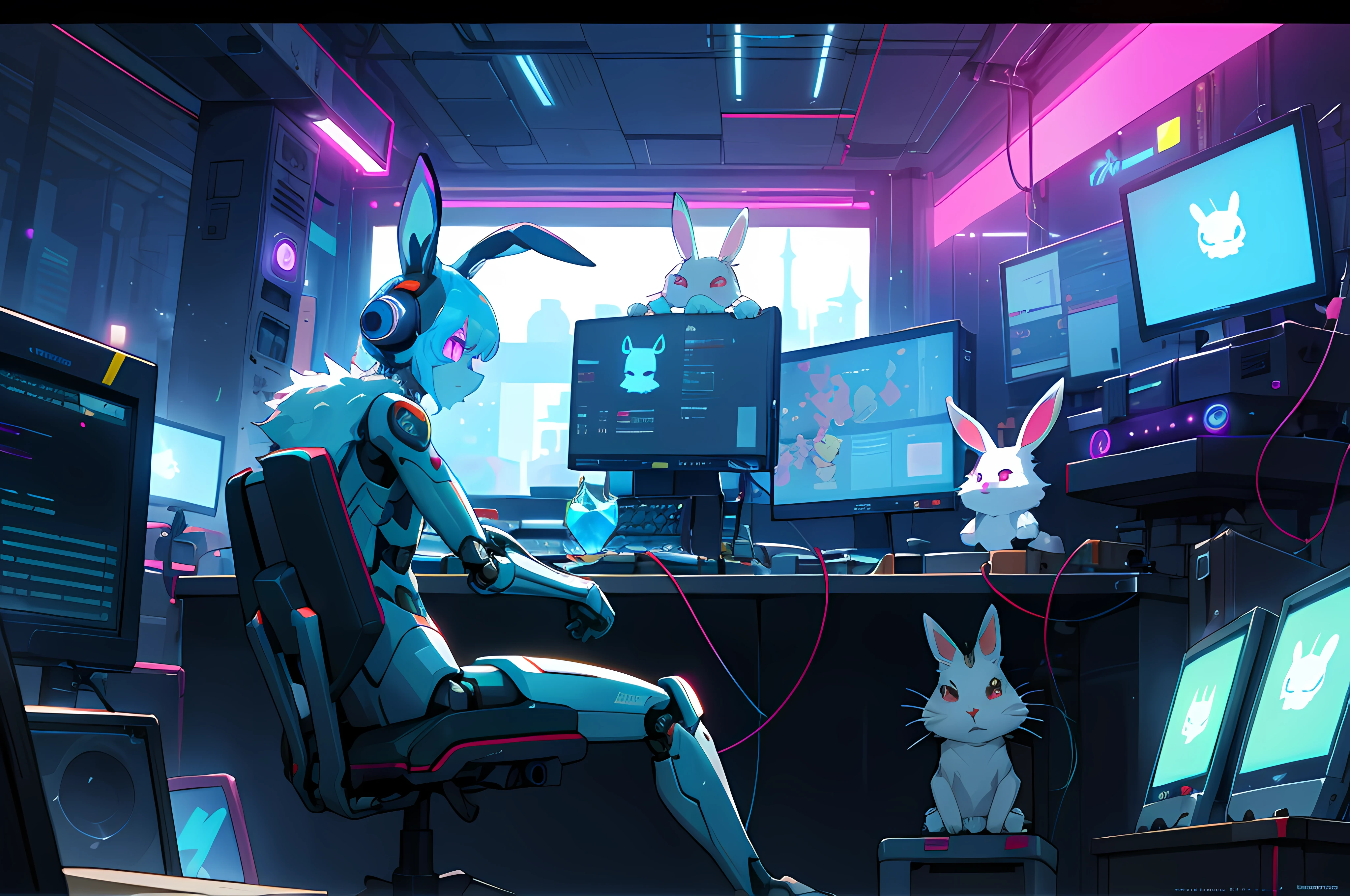 (blame! style abandoned tech landscape), (Zen, Amy Sol style), (((beats to relax/study to))), (((Lofi anthro kemono blue-furred rabbit girl in power armor sitting in metal chair behind computer terminal, behind giant glass terminal screen, beats to relax/study to))), (((blue kemono beastars furry rabbit anime hacker with small soft furry paws))), (((suspended glass cyberpunk computer terminals with robot rabbit in background))), ((glowing cyberdeck screens)), (underground, dark, foggy, perilous, abandoned dystopian apartment bedroom, deep windows), (abstract anthro rabbit figure wearing bunny ears), cover art with light abstraction, abstract, simple vector art, contemporary Cybernetic art, color gradients, soft color palettes, layered forms, whimsical animation, style Ethereal abstract, 4K, --v6