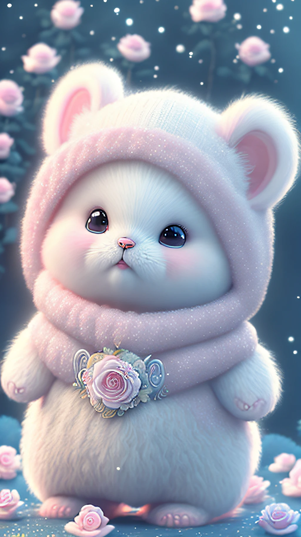 Nesta arte CG ultra-detalhada, Cute bears surrounded by ethereal roses, risos, melhor qualidade, alta resolução, detalhes intrincados, fantasia, animais bonitos, roxo, humorous, boca aberta!! Rir!!!
