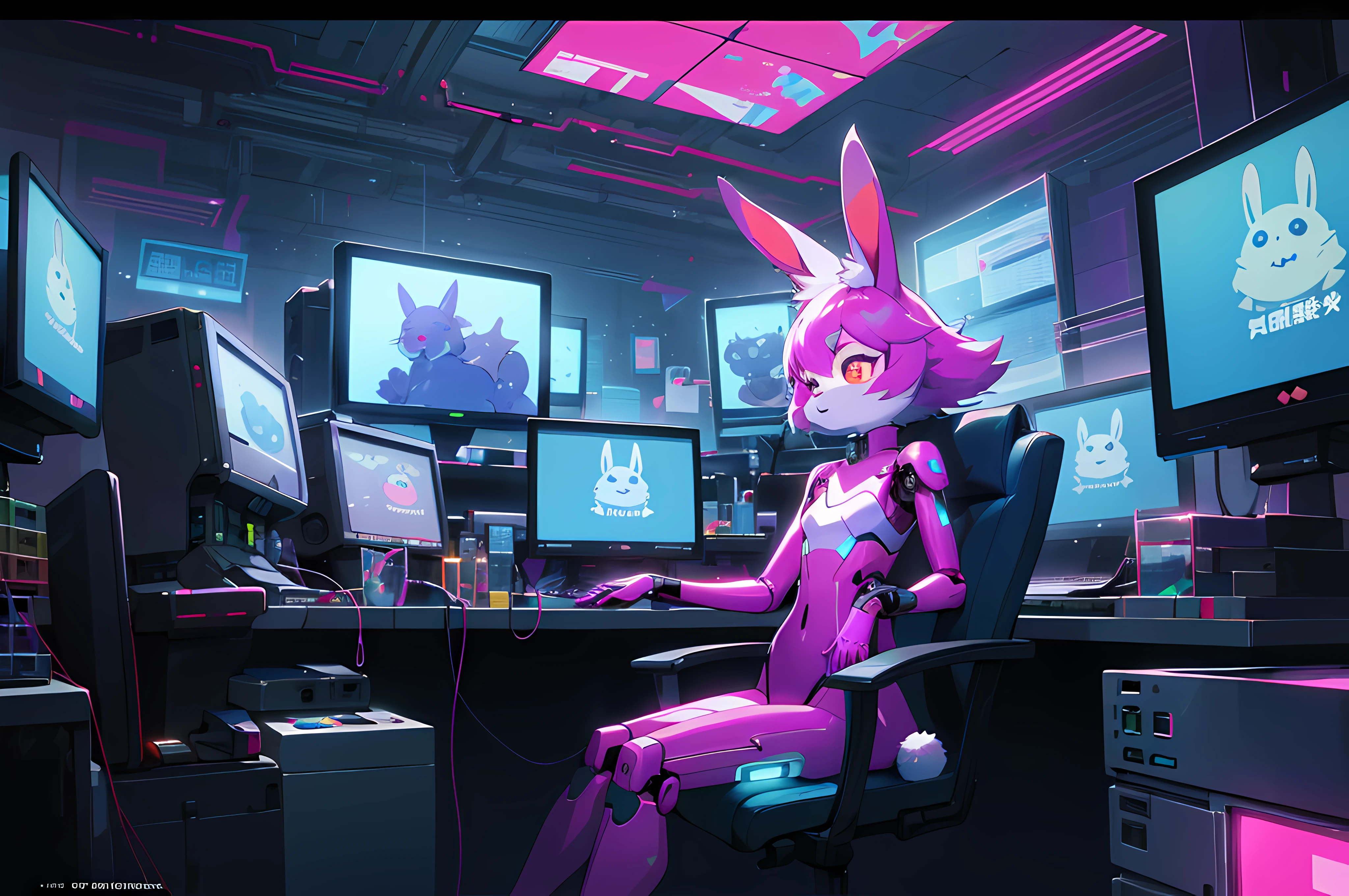 (blame! style abandoned tech landscape), (Zen, Amy Sol style), (((beats to relax/study to))), (((Lofi anthro kemono blue-furred rabbit girl in power armor sitting in metal chair behind computer terminal, behind giant glass terminal screen, beats to relax/study to))), (((blue kemono beastars furry rabbit anime hacker with small soft furry paws))), (((suspended glass cyberpunk computer terminals with robot rabbit in background))), ((glowing cyberdeck screens)), (underground, dark, foggy, perilous, abandoned dystopian apartment bedroom, deep windows), (abstract anthro rabbit figure wearing bunny ears), cover art with light abstraction, abstract, simple vector art, contemporary Cybernetic art, color gradients, soft color palettes, layered forms, whimsical animation, style Ethereal abstract, 4K, --v6