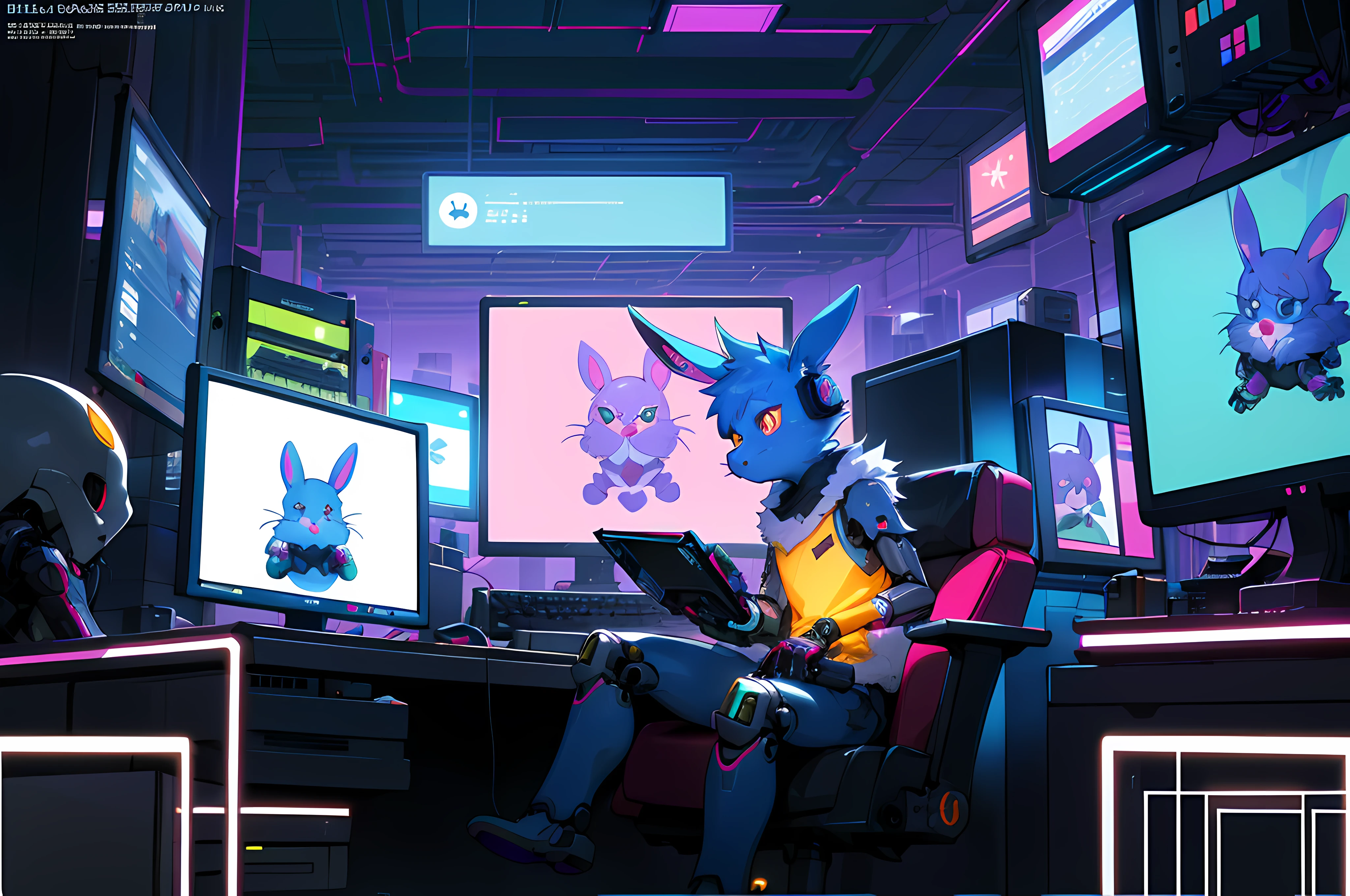 (blame! style abandoned tech landscape), (Zen, Amy Sol style), (((beats to relax/study to))), (((Lofi anthro kemono blue-furred rabbit girl in power armor sitting in metal chair behind computer terminal, behind giant glass terminal screen, beats to relax/study to))), (((blue kemono beastars furry rabbit anime hacker with small soft furry paws))), (((suspended glass cyberpunk computer terminals with robot rabbit in background))), ((glowing cyberdeck screens)), (underground, dark, foggy, perilous, abandoned dystopian apartment bedroom, deep windows), (abstract anthro rabbit figure wearing bunny ears), cover art with light abstraction, abstract, simple vector art, contemporary Cybernetic art, color gradients, soft color palettes, layered forms, whimsical animation, style Ethereal abstract, 4K, --v6