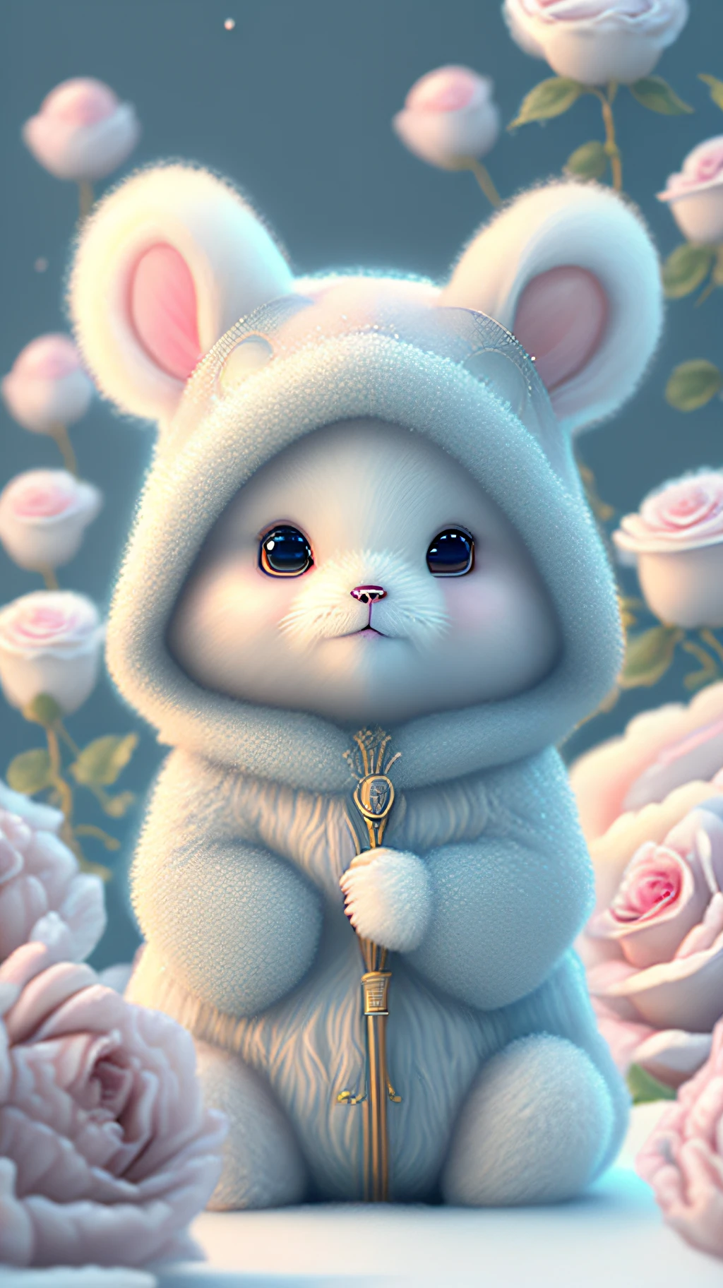 Nesta arte CG ultra-detalhada, Cute bears surrounded by ethereal roses, risos, melhor qualidade, alta resolução, detalhes intrincados, fantasia, animais bonitos, roxo, humorous, boca aberta!! Rir!!!