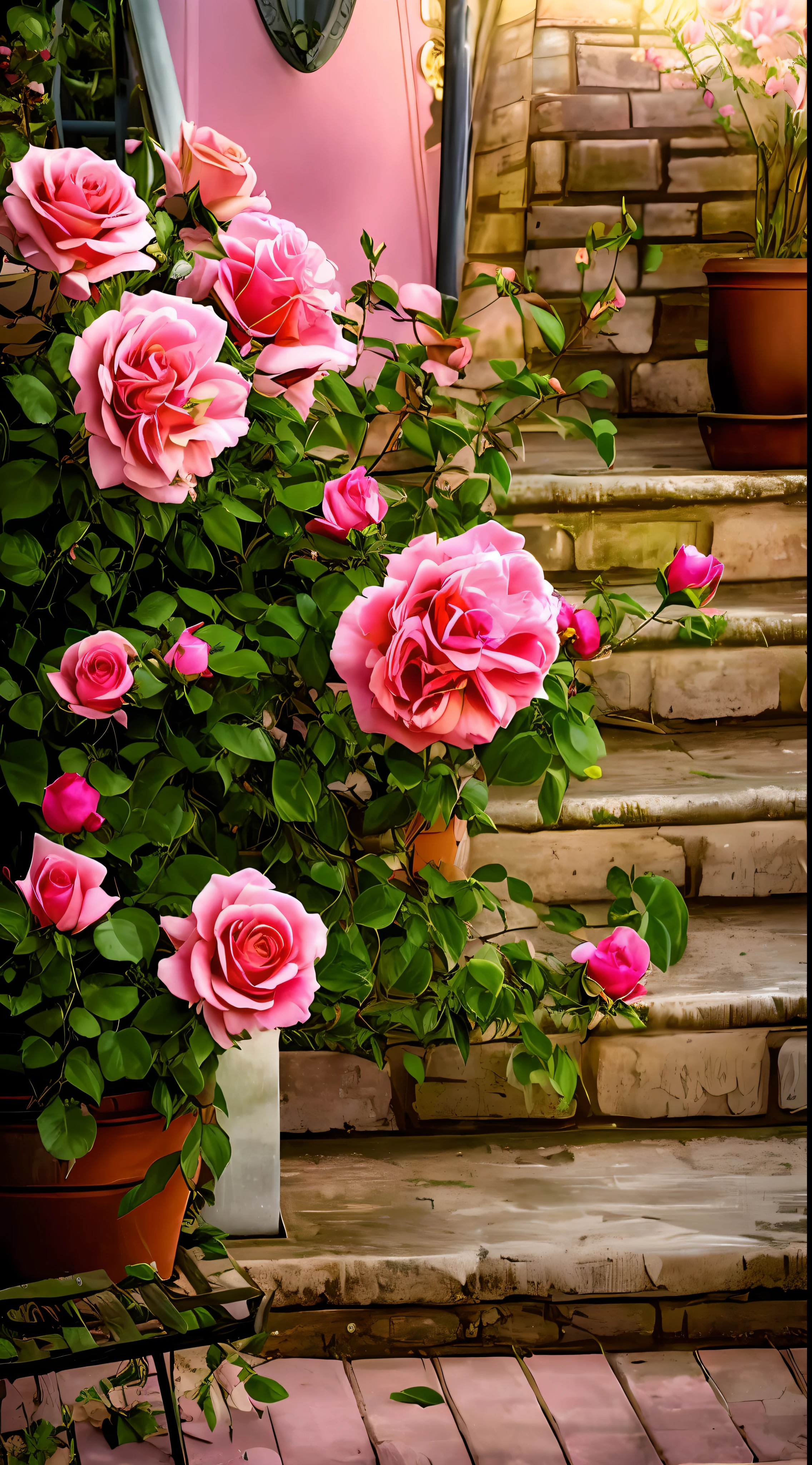On the steps there is a potted plant of pink roses, rose twining, rose-brambles, roses in cinematic light, rosa bonheurn, rosette, Incredibly beautiful, growing out of a giant rose, a few roses, crown of peach roses, photo taken with canon 5d, with soft bushes, staggering in its beauty, Rozen Maiden
