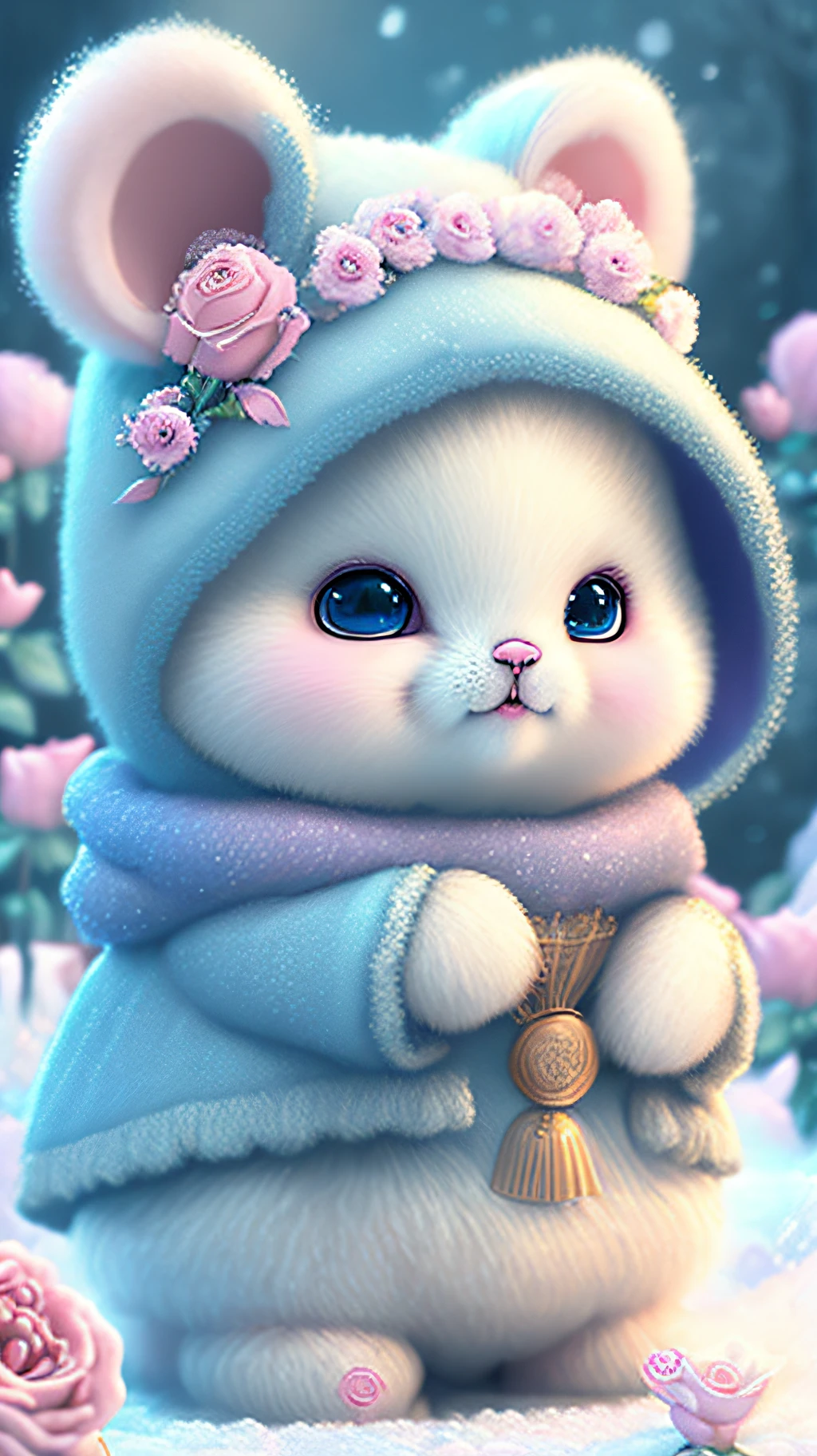 Nesta arte CG ultra-detalhada, Cute bears surrounded by ethereal roses, risos, melhor qualidade, alta resolução, detalhes intrincados, fantasia, animais bonitos, roxo, humorous, boca aberta!! Rir!!!
