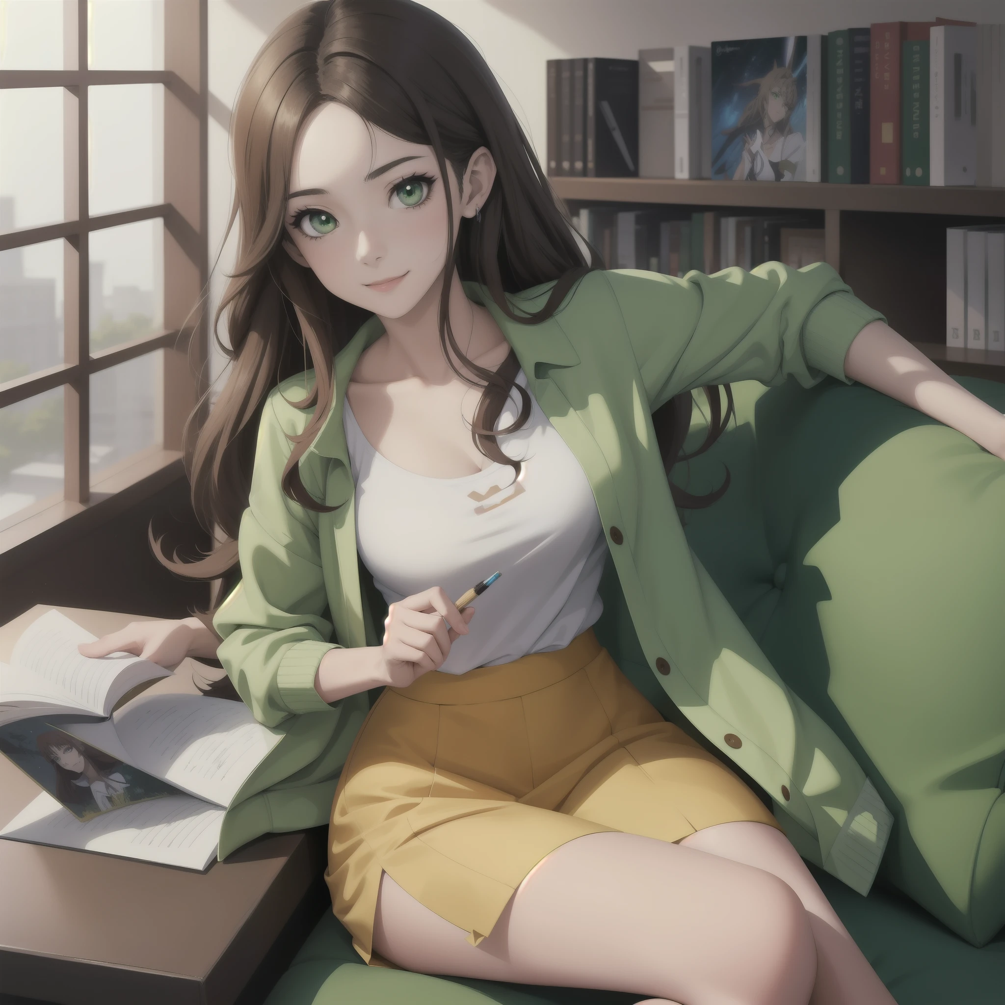 Anime girl with green eyes and brown hair in a library, Anime Moe Artstyle, Anime visual de una chica linda, De Cryptid Academia, seductora chica de anime, Linda sonrisa ligeramente nerd, Atractiva chica de anime, Elf girl, Joven chica anime, Chica alquimista, Chica anime con orejas de gato, Pintado en Anime Painter Studio, con orejas puntiagudas, linda chica de anime