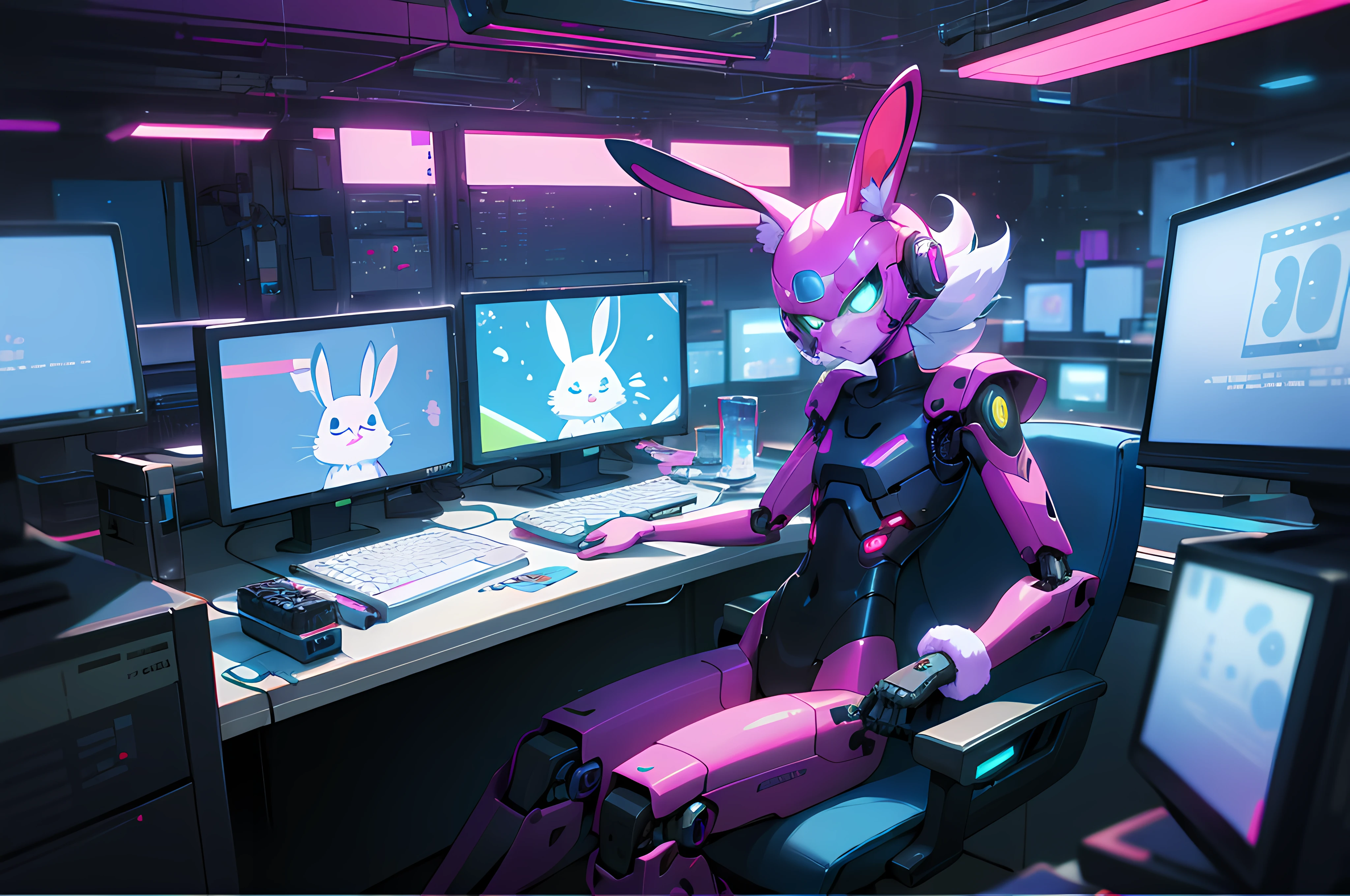 (blame! style abandoned tech landscape), (Zen, Amy Sol style), (((beats to relax/study to))), (((Lofi anthro kemono blue-furred rabbit girl in power armor sitting in metal chair behind computer terminal, behind giant glass terminal screen, beats to relax/study to))), (((blue kemono beastars furry rabbit anime hacker with small soft furry paws))), (((suspended glass cyberpunk computer terminals with robot rabbit in background))), ((glowing cyberdeck screens)), (underground, dark, foggy, perilous, abandoned dystopian apartment bedroom, deep windows), (abstract anthro rabbit figure wearing bunny ears), cover art with light abstraction, abstract, simple vector art, contemporary Cybernetic art, color gradients, soft color palettes, layered forms, whimsical animation, style Ethereal abstract, 4K, --v6