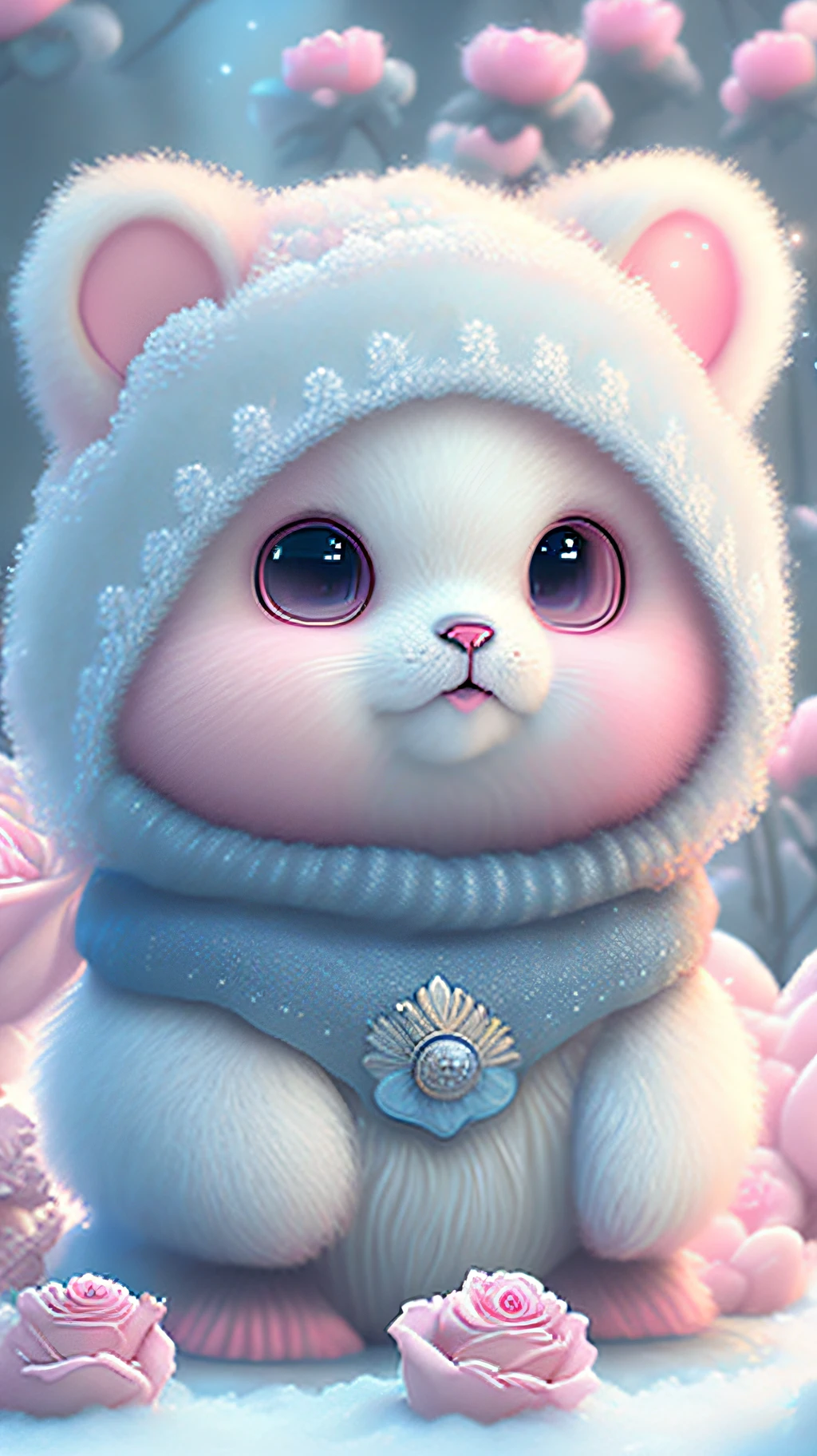 Nesta arte CG ultra-detalhada, Cute bears surrounded by ethereal roses, risos, melhor qualidade, alta resolução, detalhes intrincados, fantasia, animais bonitos, roxo, humorous, boca aberta!! Rir!!!