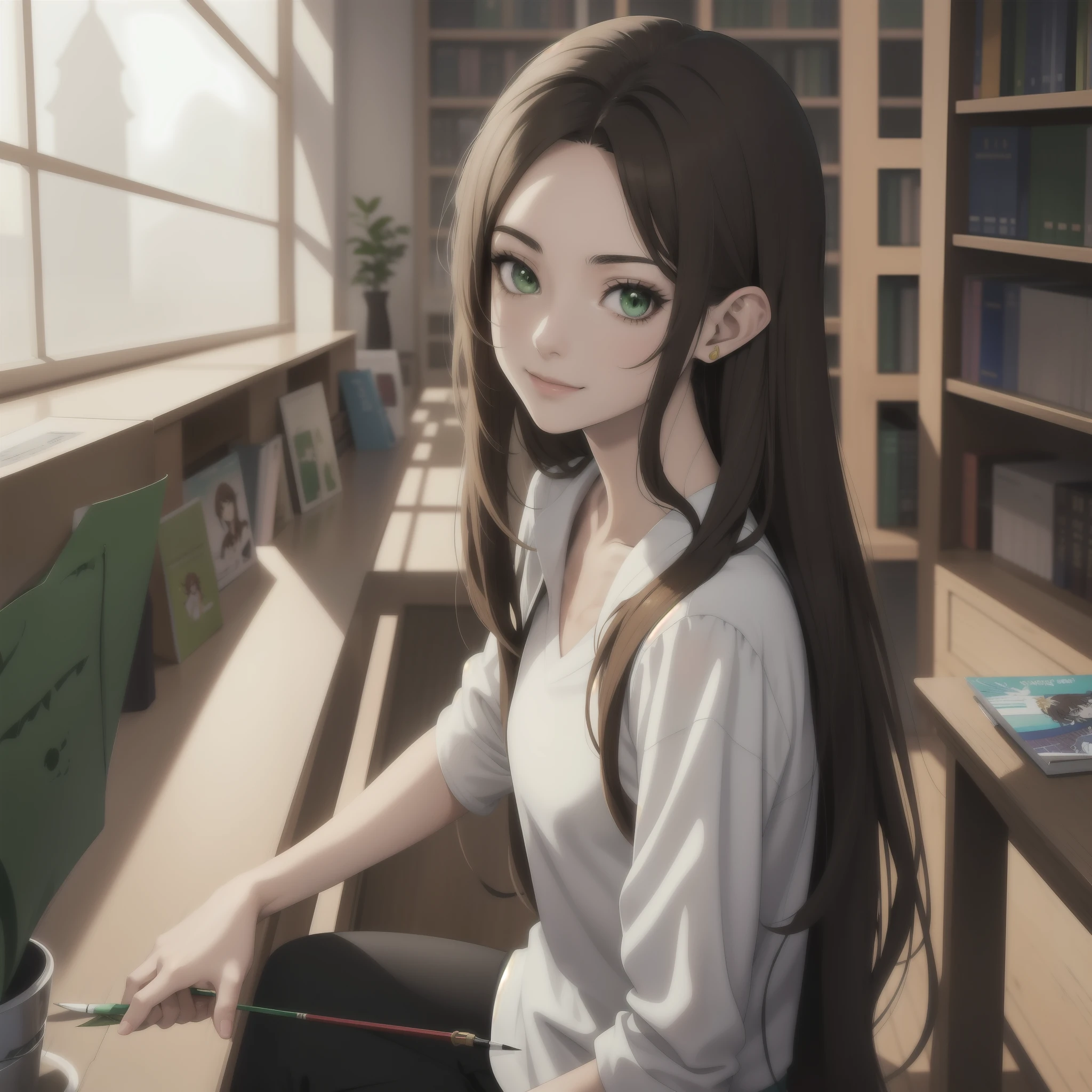 Anime girl with green eyes and brown hair in a library, Anime Moe Artstyle, Anime visual de una chica linda, De Cryptid Academia, seductora chica de anime, Linda sonrisa ligeramente nerd, Atractiva chica de anime, Elf girl, Joven chica anime, Chica alquimista, Chica anime con orejas de gato, Pintado en Anime Painter Studio, con orejas puntiagudas, linda chica de anime