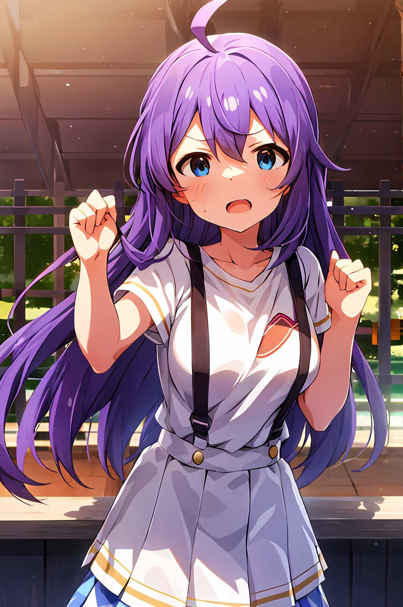 mochizuki anna,1girl in,Solo,Long hair,Purple hair,big breasts.Ahoge,Blue eyes.Short stature.white t-shirts.suspenders.Skirt.Evening glow.the setting sun.Despair face.Sweat.Opening Mouth.up chest.Fighting stance.