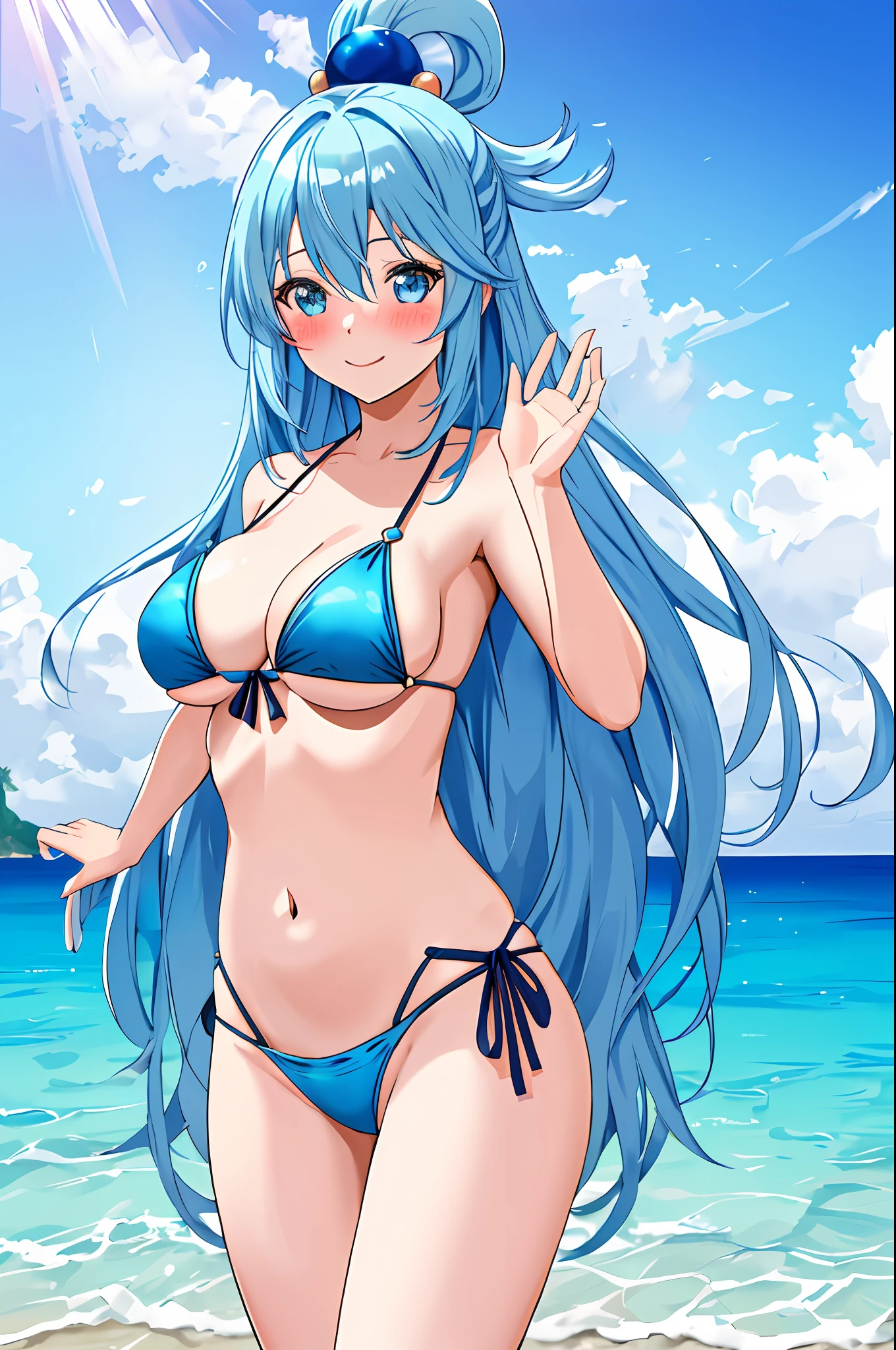 aqua \(konosuba\), 1girl, blue eyes, blue hair, blush, breasts, hair ornament, hair rings, long hair, bikini, beach, looking at viewer, upper body, sexy, medium breasts, open hand, single hair ring, smile, solo, standing, very long hair, very detailed background, masterpiece, high quality