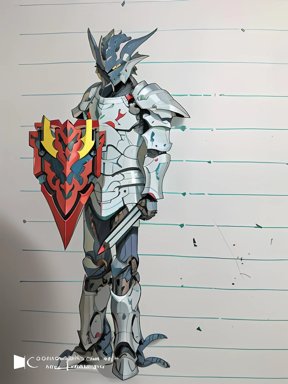 Draw a man with a shield and a heart on a piece of paper, draconic looking armor, no shade, an anime drawing, color drawing, transforming into his final form, ( ( colored pen ) ), unknown artstyle, covered in full metal armor, inspired by Ryūsei Kishida, Humanoid form, Black and red armor