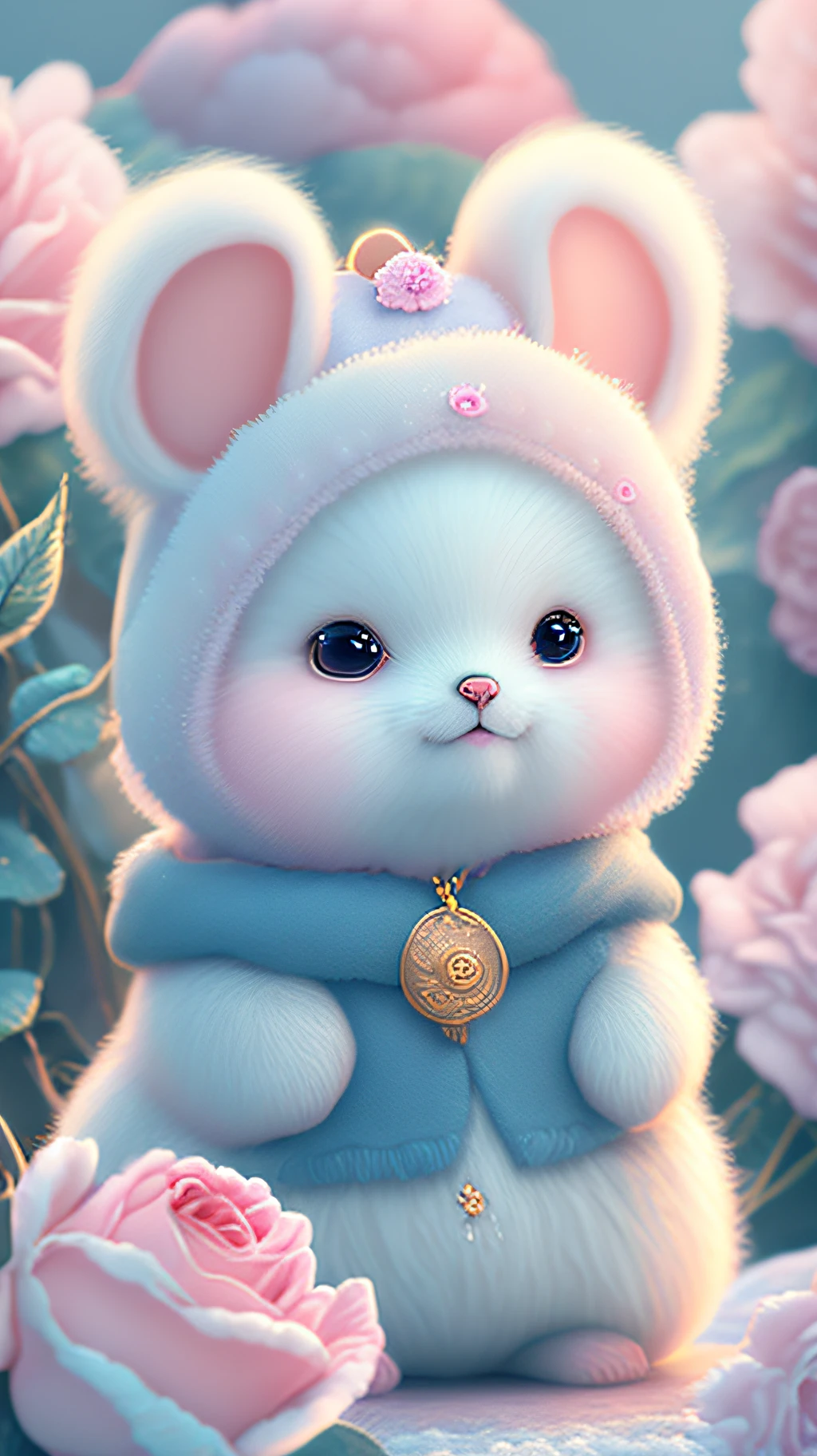 Nesta arte CG ultra-detalhada, Cute bears surrounded by ethereal roses, risos, melhor qualidade, alta resolução, detalhes intrincados, fantasia, animais bonitos, roxo, humorous, boca aberta!! Rir!!!