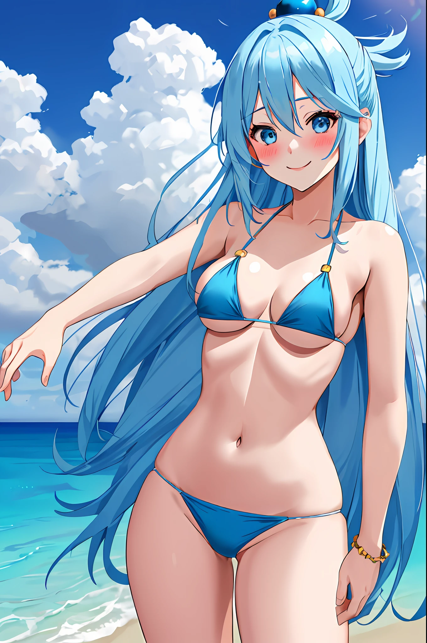aqua \(konosuba\), 1girl, blue eyes, blue hair, blush, breasts, hair ornament, hair rings, long hair, bikini, beach, looking at viewer, upper body, sexy, medium breasts, open hand, single hair ring, smile, solo, standing, very long hair, very detailed background, masterpiece, high quality