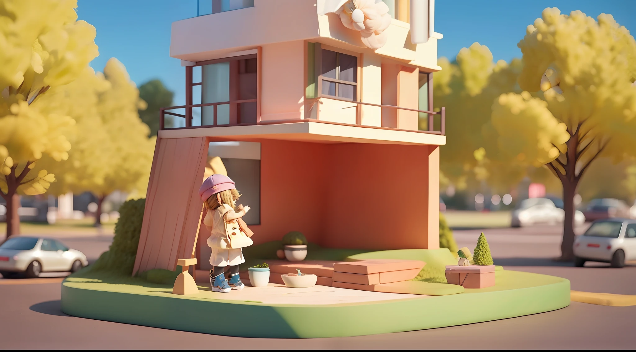 a little lovely ??? girl，Stand in the lively square，Wear trendy clothing，Wear a cap，There is a small dog next to him，C4D style，hyper HD