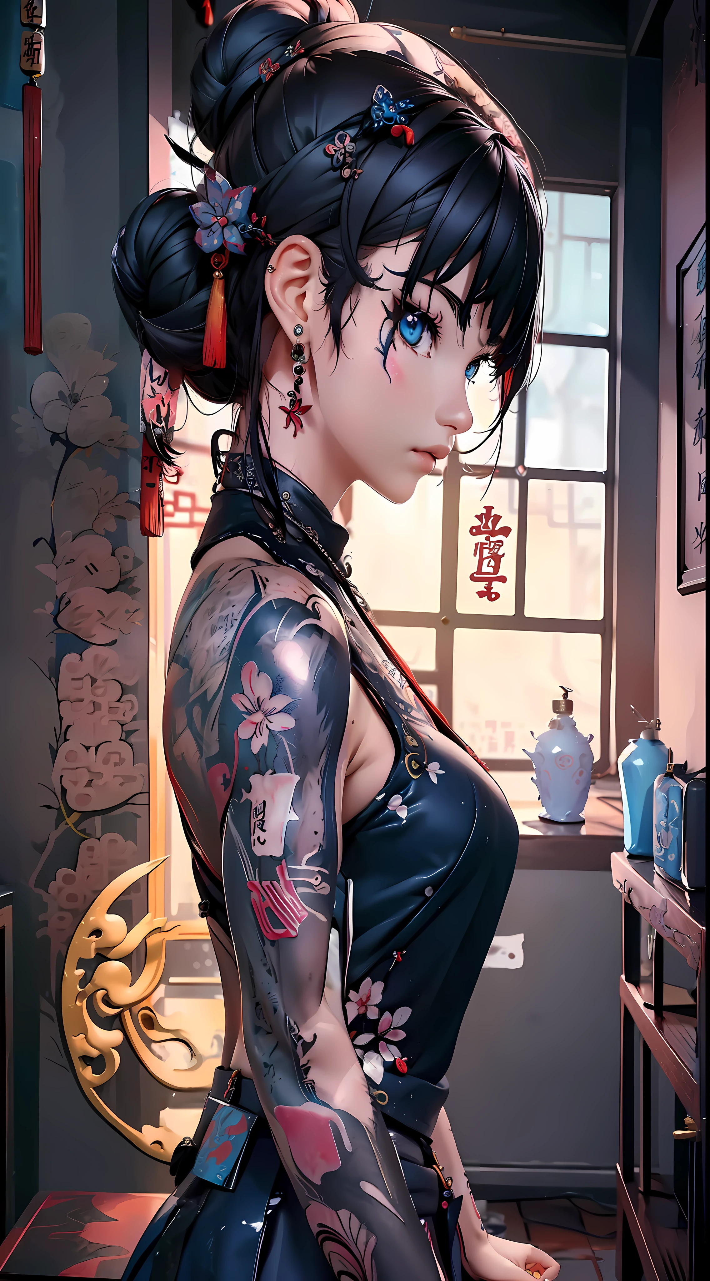 (masterpiece best quality:1.4),1girl, (tattoo of chinese text:1.5), solo, hair flowers, long hair, blue eyes, looking at viewer, medium , tattoo, black hair, tassel, shoulders, mecha, bangs, upper body, earrings, indoors, nape, off shoulder, jewelry, eyelashes, lips, profile, hair bun, piercing, single hair bun,