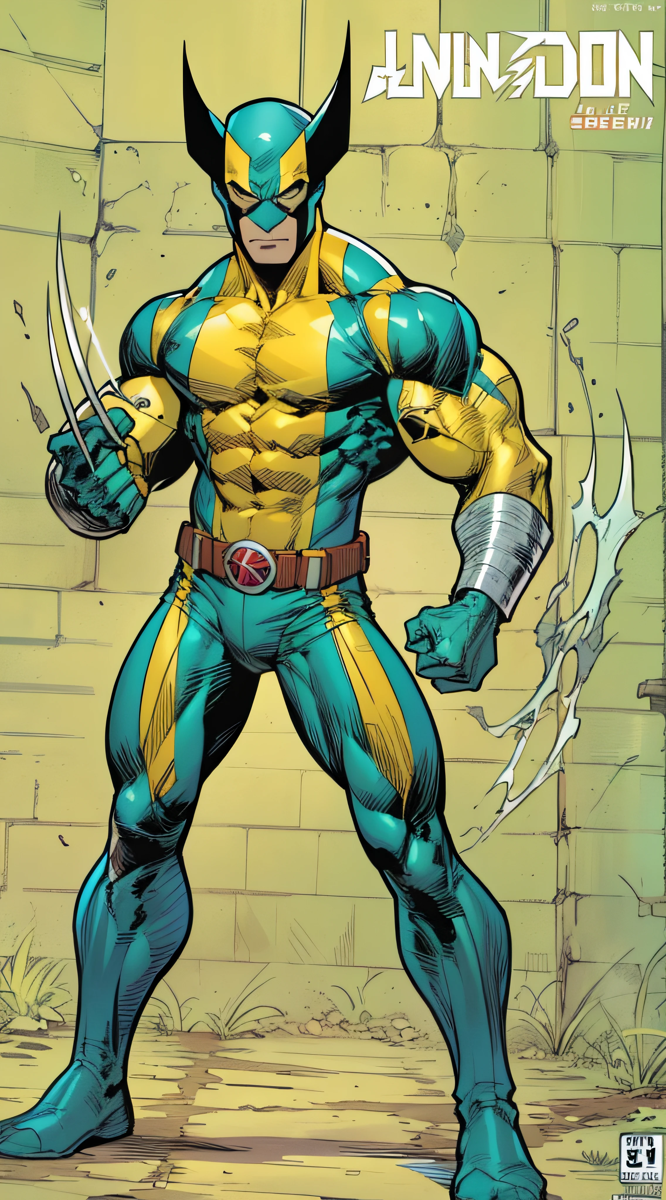 (Wolverine em pose de batalha:1.2, Comic book style:1.1, Estilo Jim Lee:1.1, uniforme amarelo e azul:1.1, with mask:1.1)