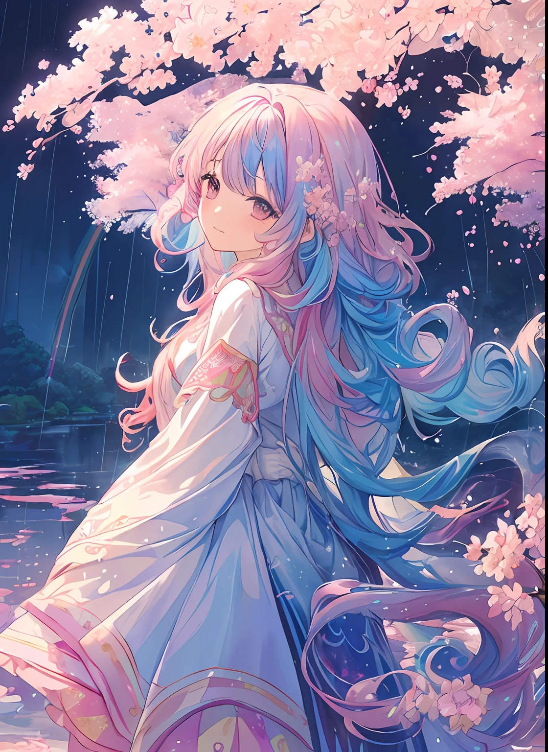 (​masterpiece、top-quality、top-quality、watercolor paiting(Curly)、Official art、Beautifully Aesthetic:1.2)、(1girl in:1.3)、(Fractal Art:1.3)、patterns、(rainbow-colored hair、colourful hair、Half blue and half light pink hair:1.2)、Eau、liquids、​​clouds、starrysky、stele、((Rain)),(((cherryblossom))),