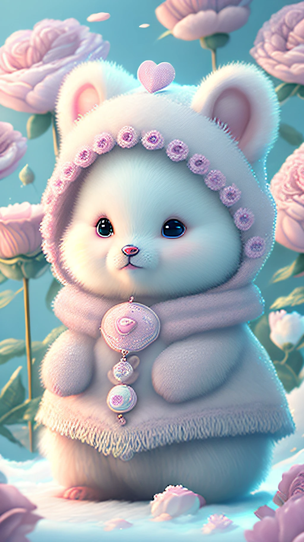 Nesta arte CG ultra-detalhada, Cute bears surrounded by ethereal roses, risos, melhor qualidade, alta resolução, detalhes intrincados, fantasia, animais bonitos, roxo, humorous, boca aberta!! Rir!!!