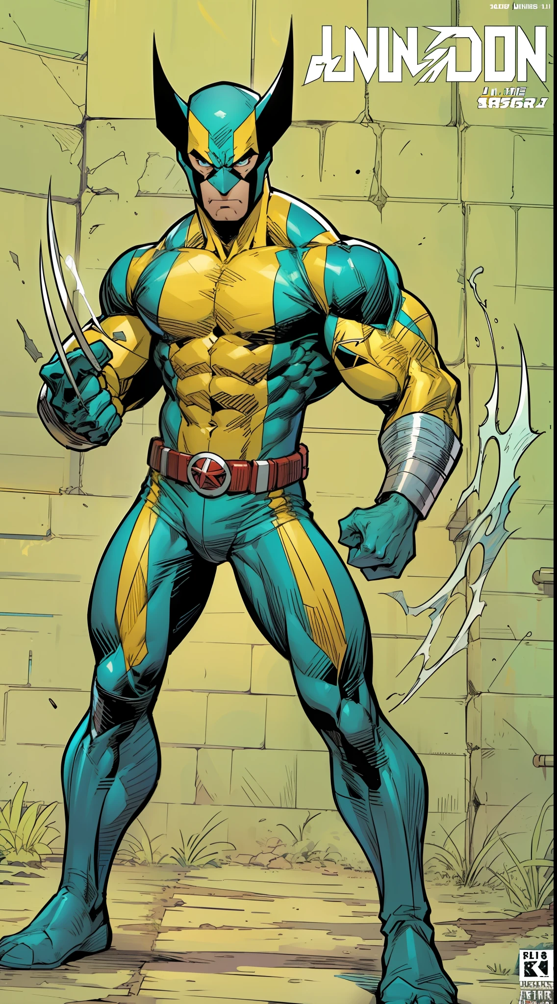 (Wolverine em pose de batalha:1.2, Comic book style:1.1, Estilo Jim Lee:1.1, uniforme amarelo e azul:1.1, with mask:1.1)