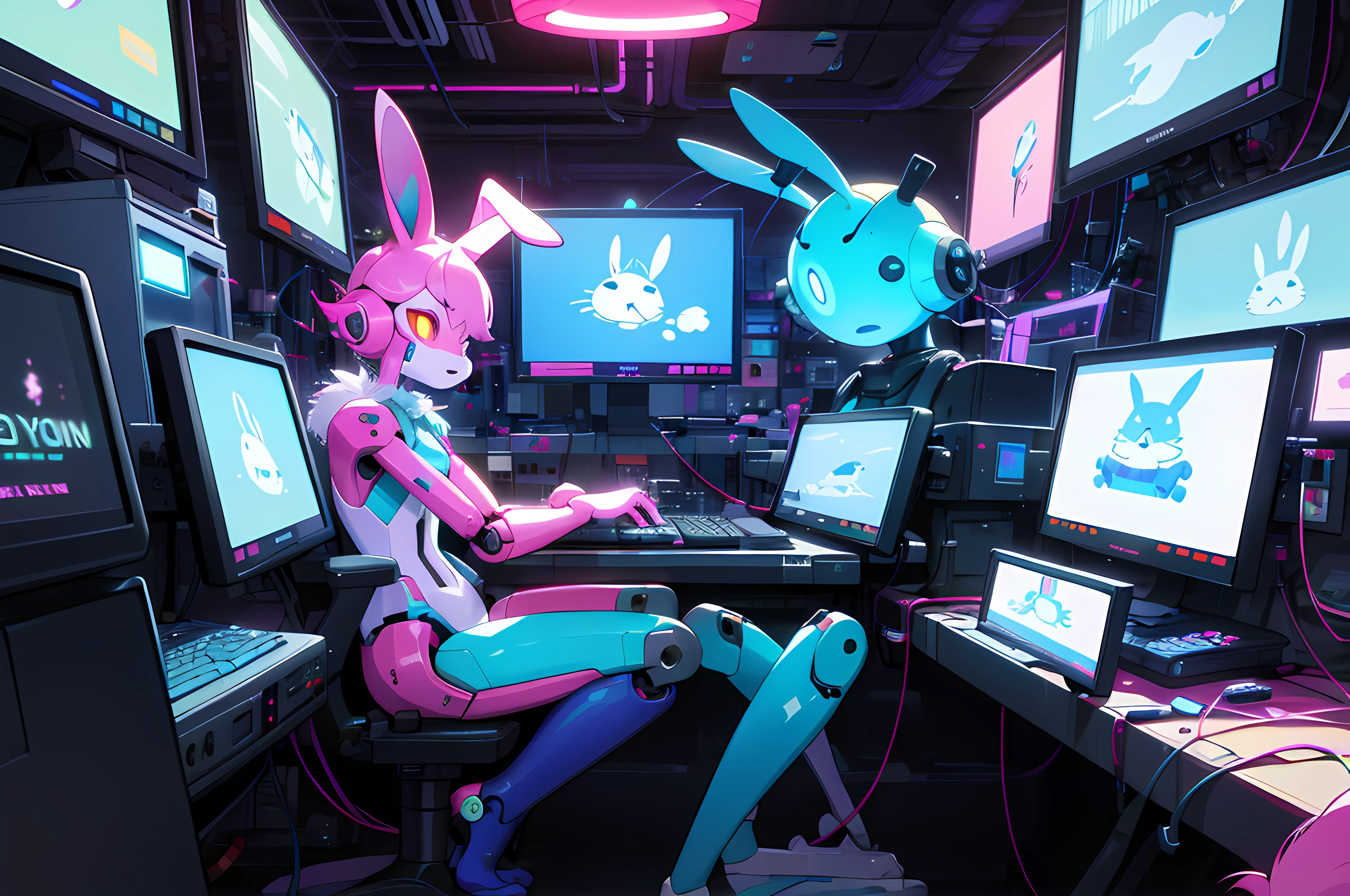 (blame! style abandoned tech landscape), (Zen, Amy Sol style), (((beats to relax/study to))), (((Lofi anthro kemono blue-furred rabbit girl in power armor sitting in metal chair behind computer terminal, behind giant glass terminal screen, beats to relax/study to))), (((blue kemono beastars furry rabbit anime hacker with small soft furry paws))), (((suspended glass cyberpunk computer terminals with robot rabbit in background))), ((glowing cyberdeck screens)), (underground, dark, foggy, perilous, abandoned dystopian apartment bedroom, deep windows), (abstract anthro rabbit figure wearing bunny ears), cover art with light abstraction, abstract, simple vector art, contemporary Cybernetic art, color gradients, soft color palettes, layered forms, whimsical animation, style Ethereal abstract, 4K, --v6
