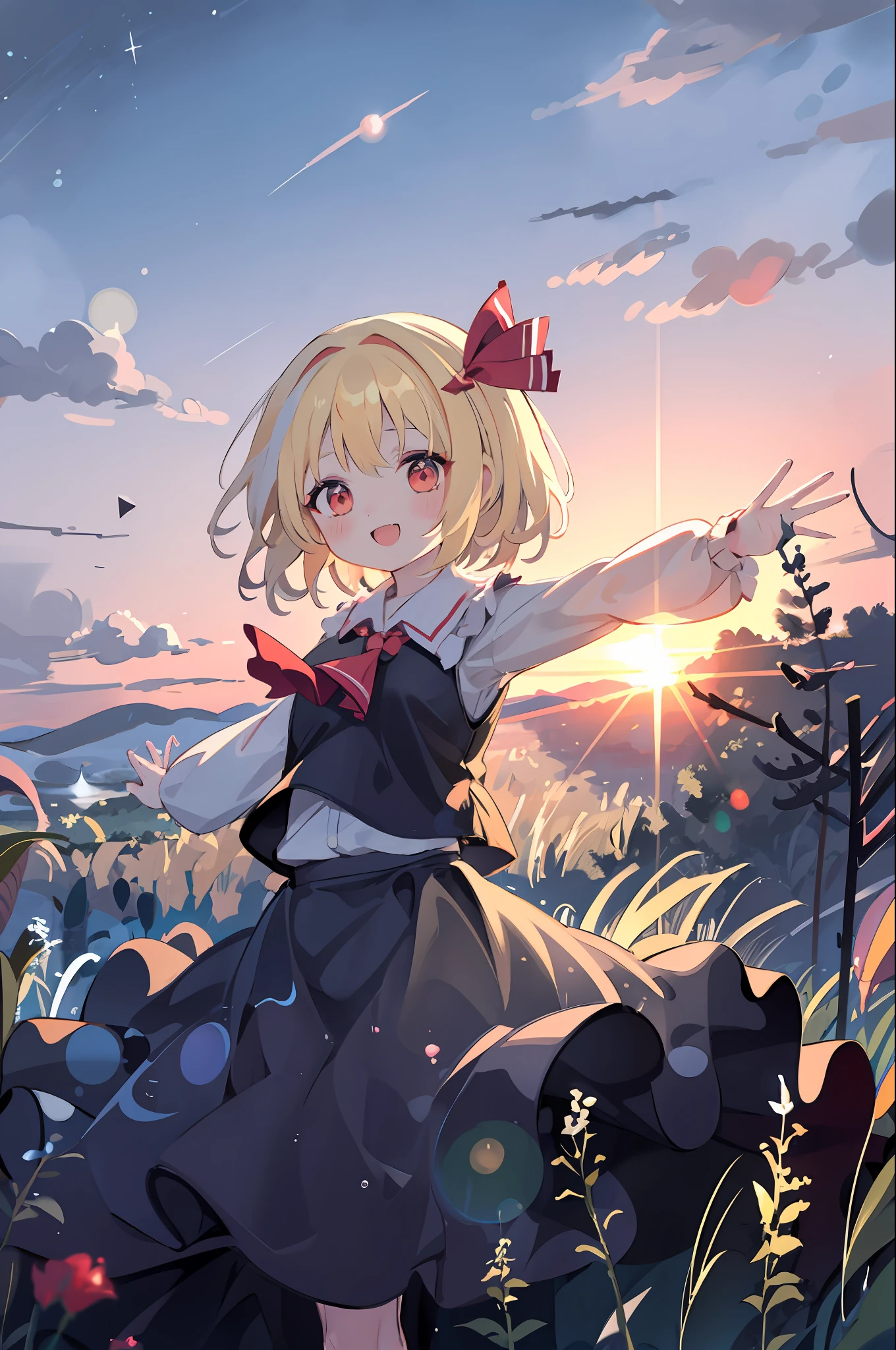 masutepiece, Best Quality, 1girl in, rumia, Blonde hair, Solo, Red Eyes, Open mouth, bow ribbon, Hair Ribbon, Skirt, Outstretched arms, Smile, Shirt, Short hair, Looking at Viewer, Long sleeves, Sunset, vests, spreading arms, skirt set, frills skirt, Sun, frilld, :D, Black skirt, mont, tree, Lens Flare, White shirt, skyporn, Red Ribbon, ascot, Sunrise, darkness, Black vest, Backlighting, Twilight