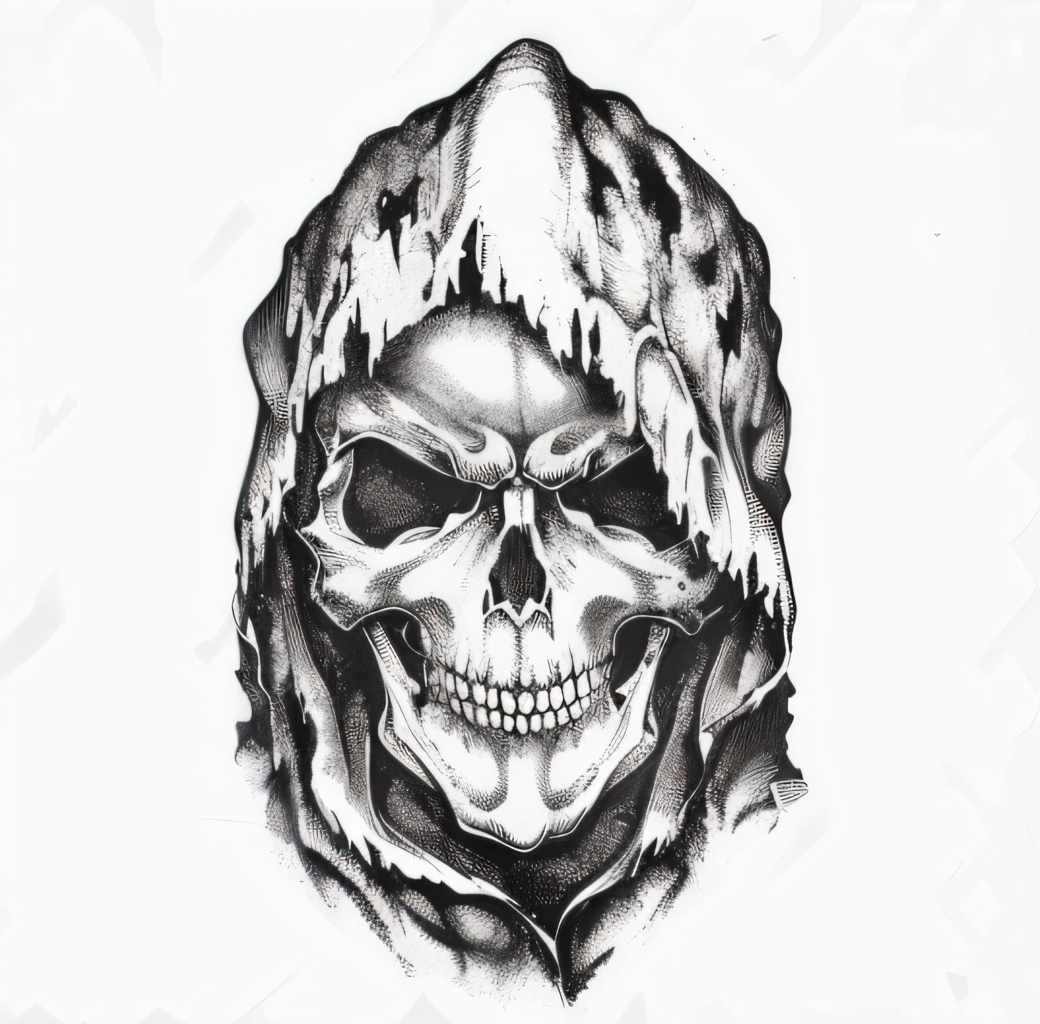 a skull in a hood, hooded skull, death skull, Retrato de Ceifador Sombrio, desenho de uma caveira, skull design for a rock band, arte escura altamente detalhada, skull face, bordado, bordado, Preto e branco, desenho, Patch para Motoclube, escudo, desenho a caneta, linhas claras, alta resolução, highes definition, (piscando o olho)