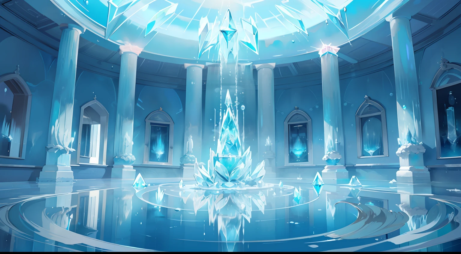 One girl、Transparency、lightblue hair、Very long hair、​masterpiece、Top image quality、top-quality、cute little、beautiful dress、to stand(water temple,crystal clear water:1.3),(crystal, reflective, glowing, waterlogged floor,fountain:1.5),(waterfall),(crystal textured interior),(water ripples:1.3),(clear blue crystal pillars:1.2),(geyser,indoor),(ice floor, ice wall:1.2),(light blue glowing:1.3),