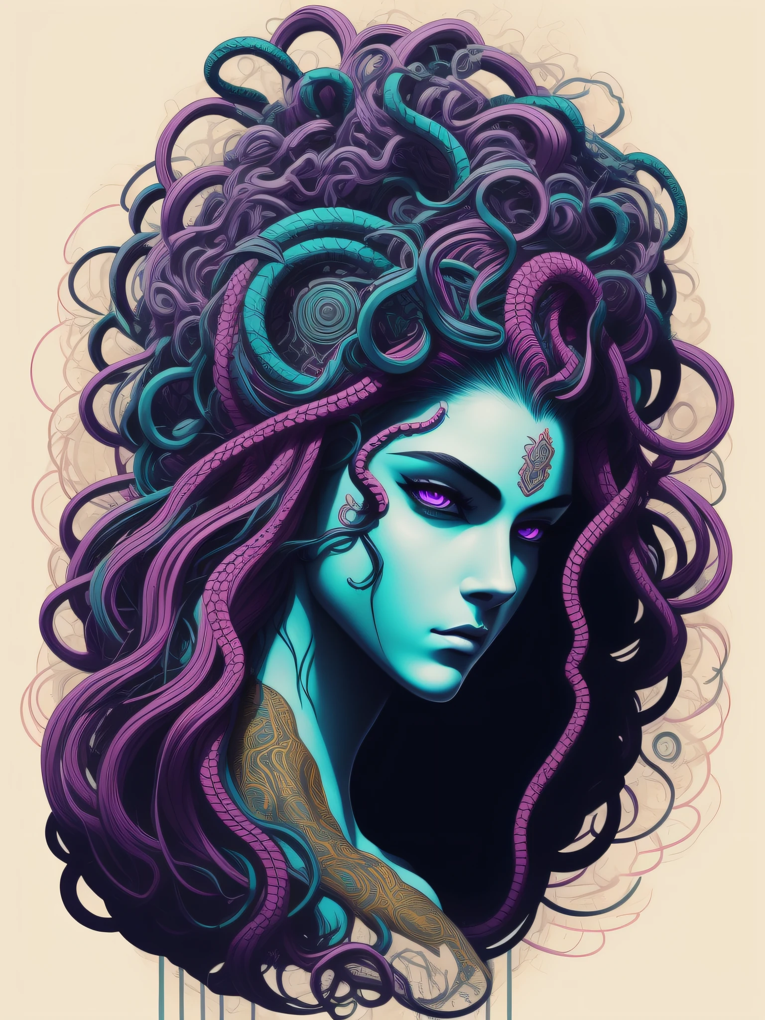 medusa de cabelo de cobra, arte da camiseta Cyberpunk, vetor, 2d illustration, fundo escuro, gradiente muito colorido, Centrado, Front view, hiperdetalied