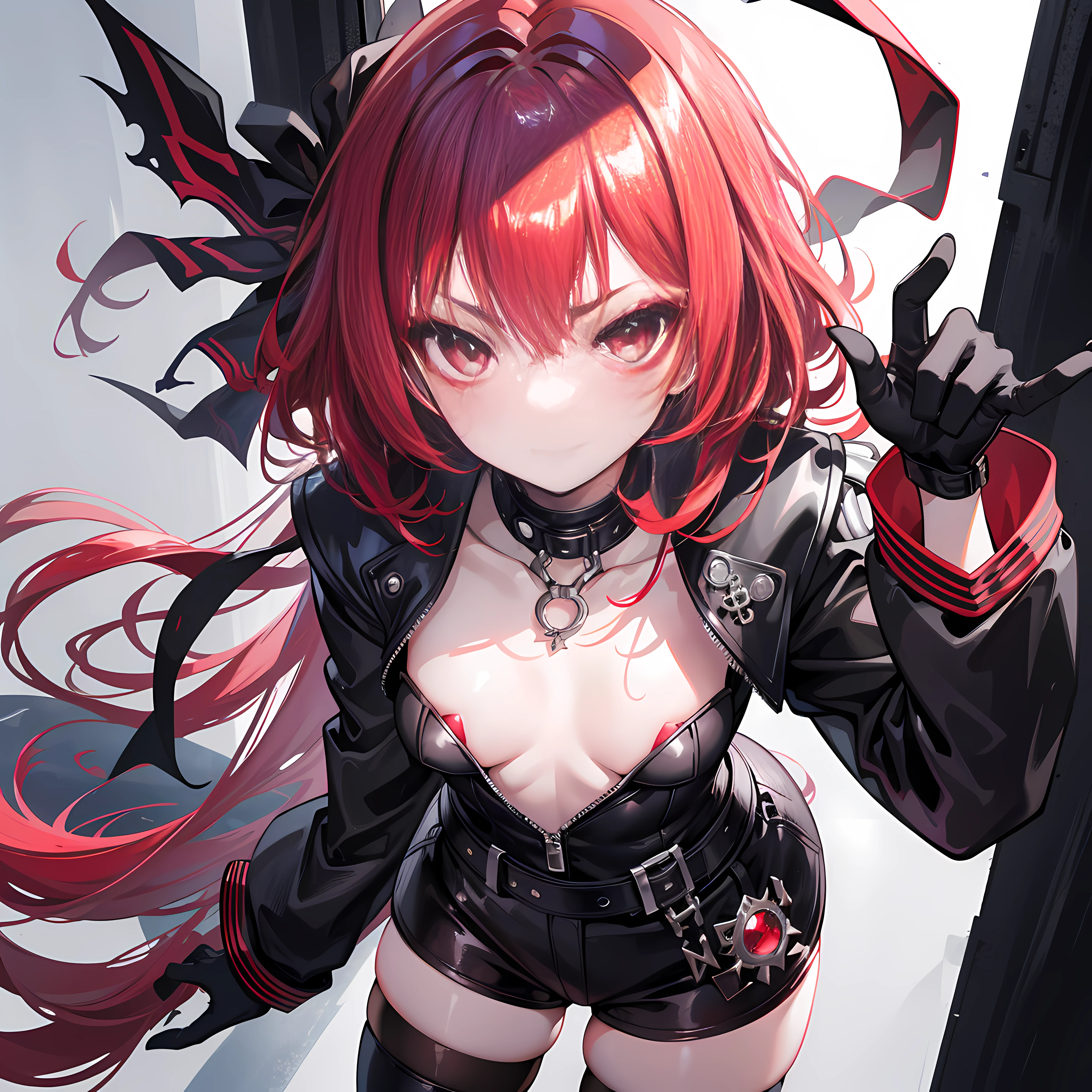 Original Character, Volumetric Lighting, Best Shadows, Shallow Depth of Field, Portrait Of Stunningly Beautiful Girl, Petite, Delicate Beautiful Attractive Face With Alluring red Eyes, Sharp Eyebrows, Lovely small Breasts, Layered short red hair, Blush Eyeshadow, Thick Eyelashes, Slim Waist, (Highest Quality, Amazing Details:1.25), (Solo:1.3), Brilliant Colorful Paintings, mesugaki, Teasing, child, kid, loli, pedo, small, flat chest, glowing eyes, thighhighs, glowing eyes, red eyes, puffy lips, blushing, erotic, naughty, makeup, eyelashes, close up on face, cute, marvellous, masterpiece, highres, astounding, pink makeup on cheeks, sensual, sexy, black leather jacket, micro bikini, black jeans shorts, black boots, scary, smirk, black leather gloves, white skin, playful face, red hair, blood, cool pupils