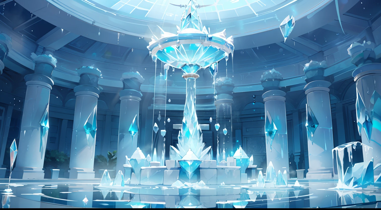One girl、Transparency、lightblue hair、Very long hair、masterpiece、Top image quality、top-quality、cute little、beautiful dress、to stand(water temple,crystal clear water:1.3),(crystal, reflective, glowing, waterlogged floor,fountain:1.5),(waterfall),(crystal textured interior),(water ripples:1.3),(clear blue crystal pillars:1.2),(geyser,indoor),(ice floor, ice wall:1.2),(light blue glowing:1.3),
