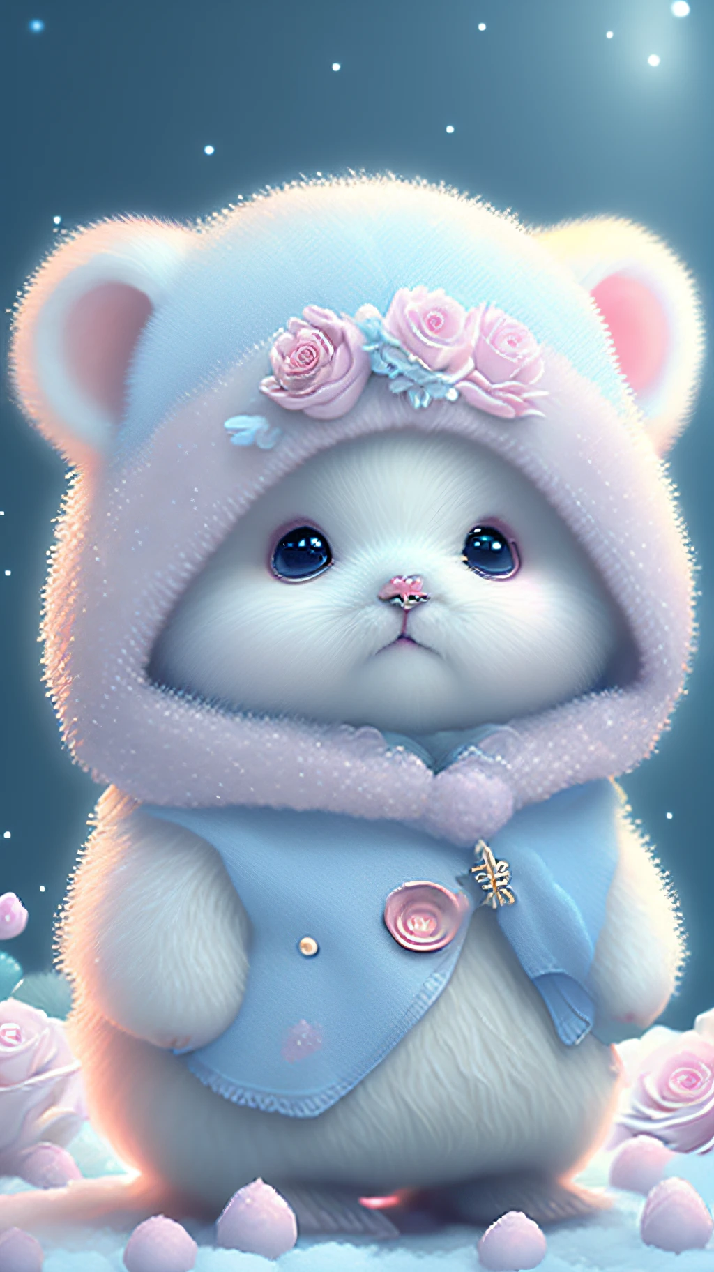 Nesta arte CG ultra-detalhada, Cute bears surrounded by ethereal roses, risos, melhor qualidade, alta resolução, detalhes intrincados, fantasia, animais bonitos, roxo, humorous, boca aberta!! Rir!!!