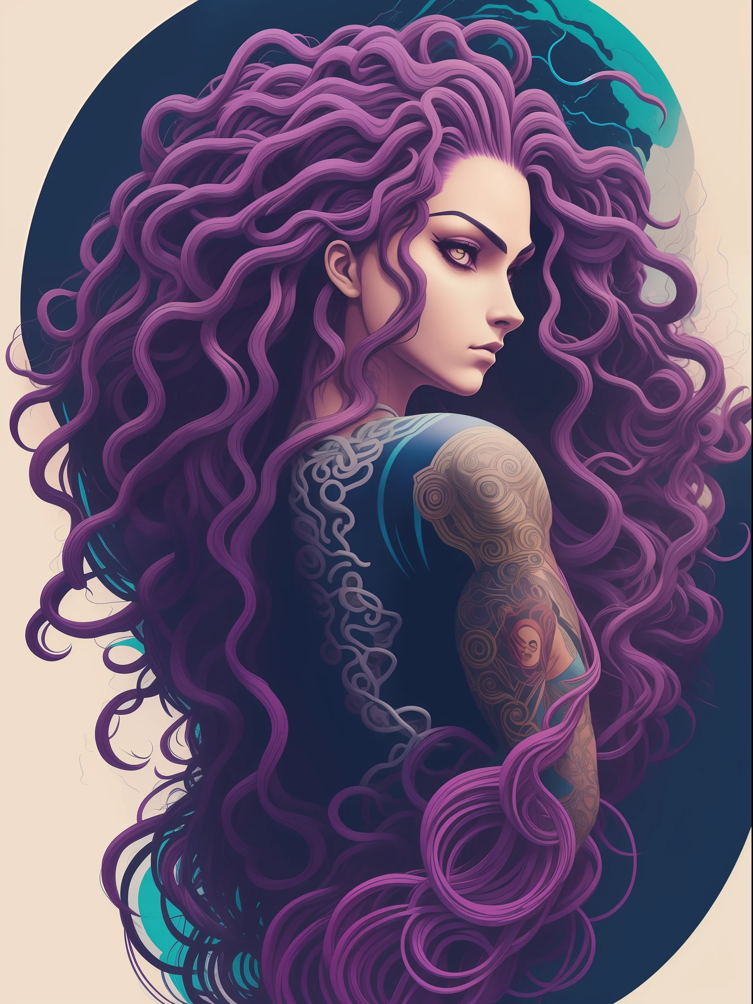 medusa de cabelo de cobra, arte da camiseta Cyberpunk, vetor, 2d illustration, fundo escuro, gradiente muito colorido, Centrado, Front view, hiperdetalied