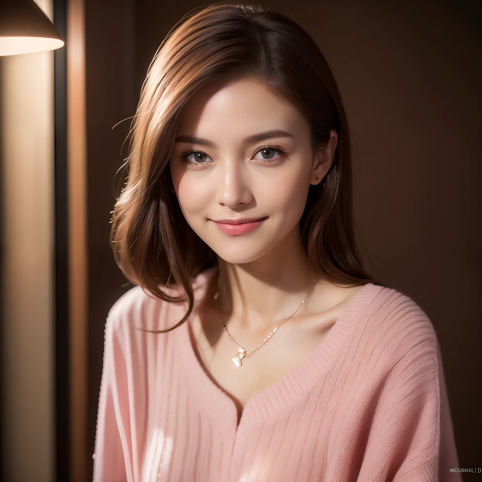 ((Night, Realistic Light, Best Quality, 8K, Masterpiece: 1.3)), 1girl, Slim Beauty: 1.4, Abs: 1.1, (Brown hair, Medium breasts: 1.3), Long pink sweater: 1.1, Bathroom, Super fine face, Delicate eyes, Double eyelids, smile, necklace