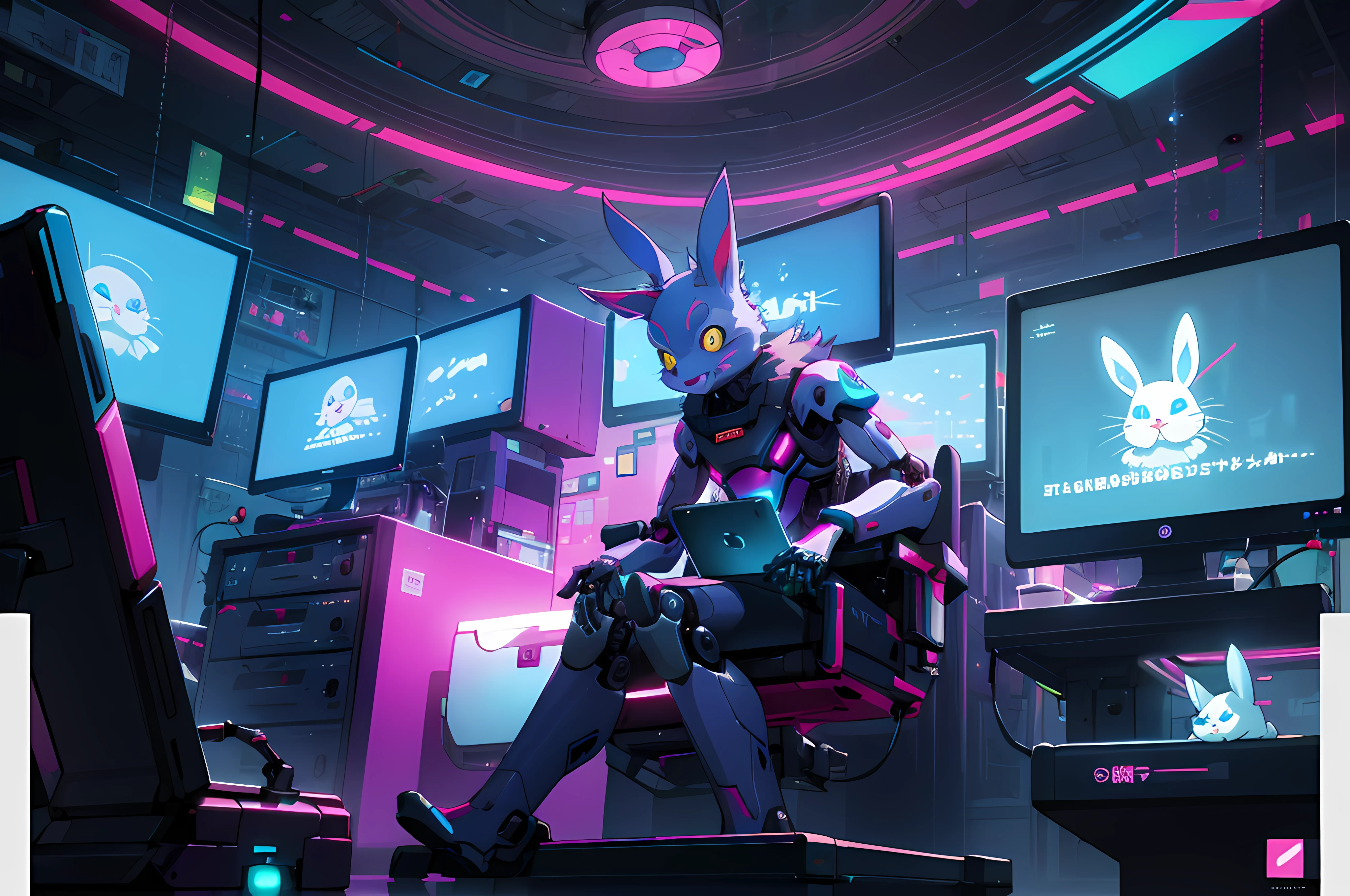 (blame! style abandoned tech landscape), (Zen, Amy Sol style), (((beats to relax/study to))), (((Lofi anthro kemono blue-furred rabbit girl in power armor sitting in metal chair behind computer terminal, behind giant glass terminal screen, beats to relax/study to))), (((blue kemono beastars furry rabbit anime hacker with small soft furry paws))), (((suspended glass cyberpunk computer terminals with robot rabbit in background))), ((glowing cyberdeck screens)), (underground, dark, foggy, perilous, abandoned dystopian apartment bedroom, deep windows), (abstract anthro rabbit figure wearing bunny ears), cover art with light abstraction, abstract, simple vector art, contemporary Cybernetic art, color gradients, soft color palettes, layered forms, whimsical animation, style Ethereal abstract, 4K, --v6