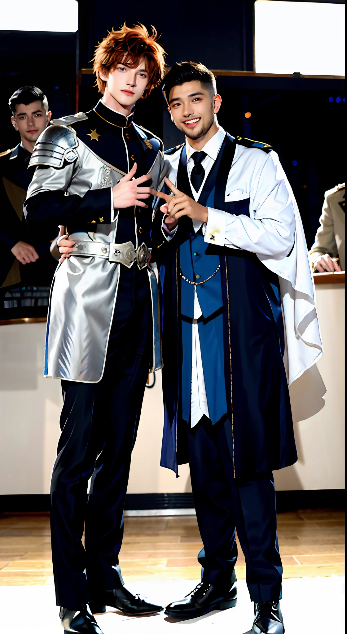 tmasterpiece, Best quality at best, 2 young men, A gay couple, Homosexuality, 2 Men, A red-haired person and another blonde person, Height difference, Different colors, apathy, Loves, Army scenery, Thick and messy hair,Gay,A man in a gorgeous military uniform,The other wears silver knight armor,Seductive feet,Knight boots