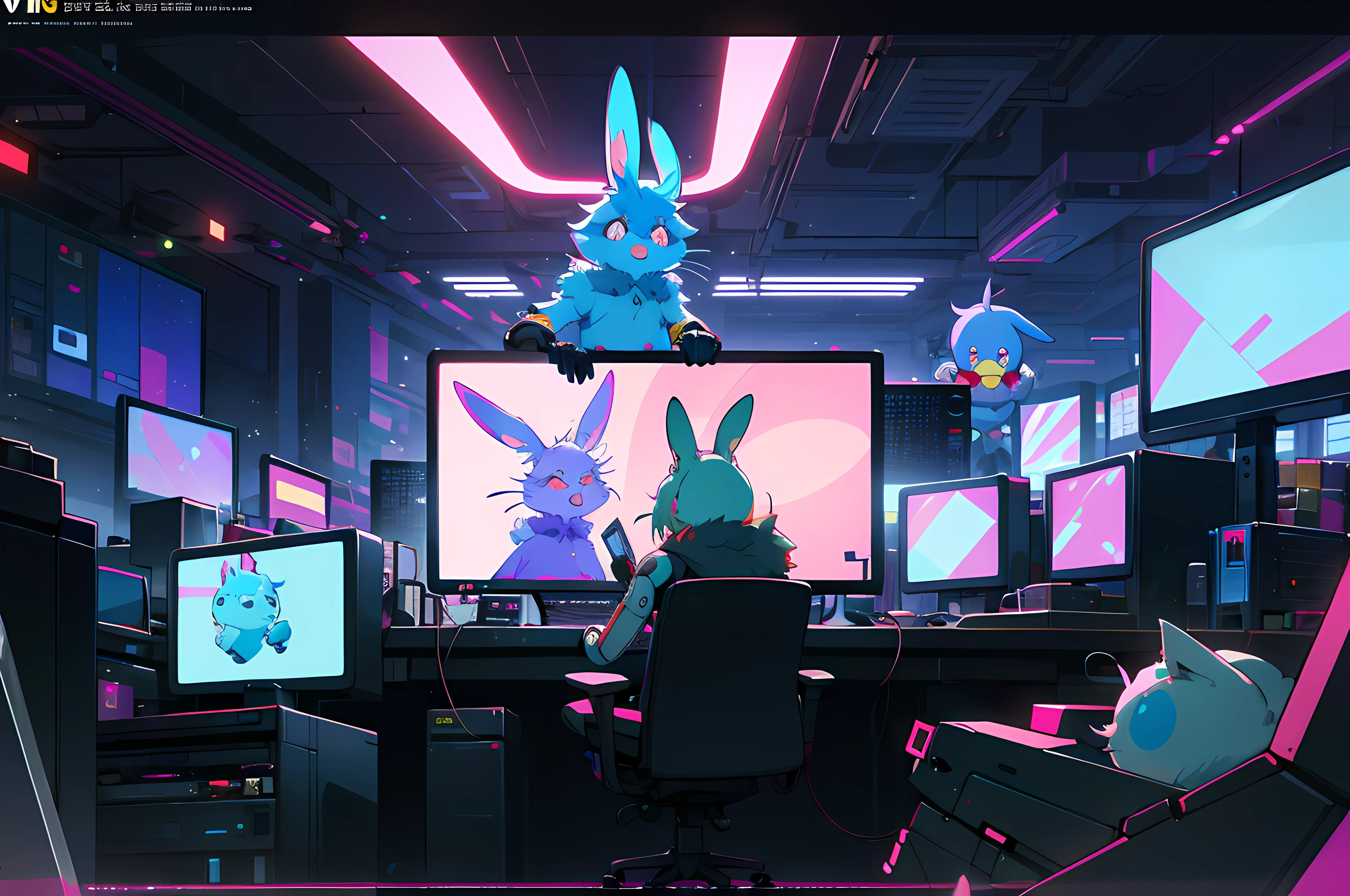 (blame! style abandoned tech landscape), (Zen, Amy Sol style), (((beats to relax/study to))), (((Lofi anthro kemono blue-furred rabbit girl in power armor sitting in metal chair behind computer terminal, behind giant glass terminal screen, beats to relax/study to))), (((blue kemono beastars furry rabbit anime hacker with small soft furry paws))), (((suspended glass cyberpunk computer terminals with robot rabbit in background))), ((glowing cyberdeck screens)), (underground, dark, foggy, perilous, abandoned dystopian apartment bedroom, deep windows), (abstract anthro rabbit figure wearing bunny ears), cover art with light abstraction, abstract, simple vector art, contemporary Cybernetic art, color gradients, soft color palettes, layered forms, whimsical animation, style Ethereal abstract, 4K, --v6