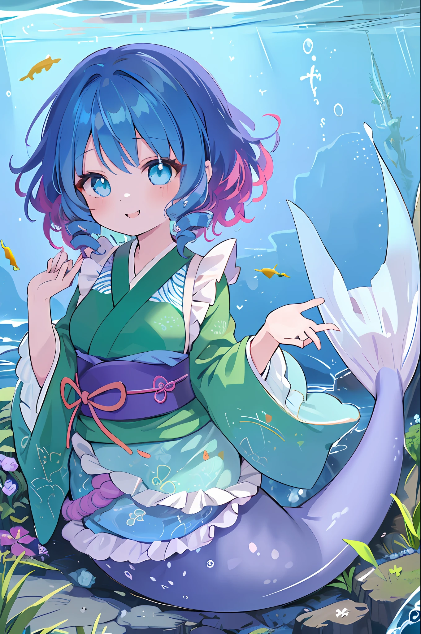 (masutepiece, Best Quality:1.2), under the water, Solo, 1girl in, wakasagihime, Smile, Looking at Viewer, mermaid, Drill Hair, komono, frilld, Green kimono, Wide sleeves, sash, Obi