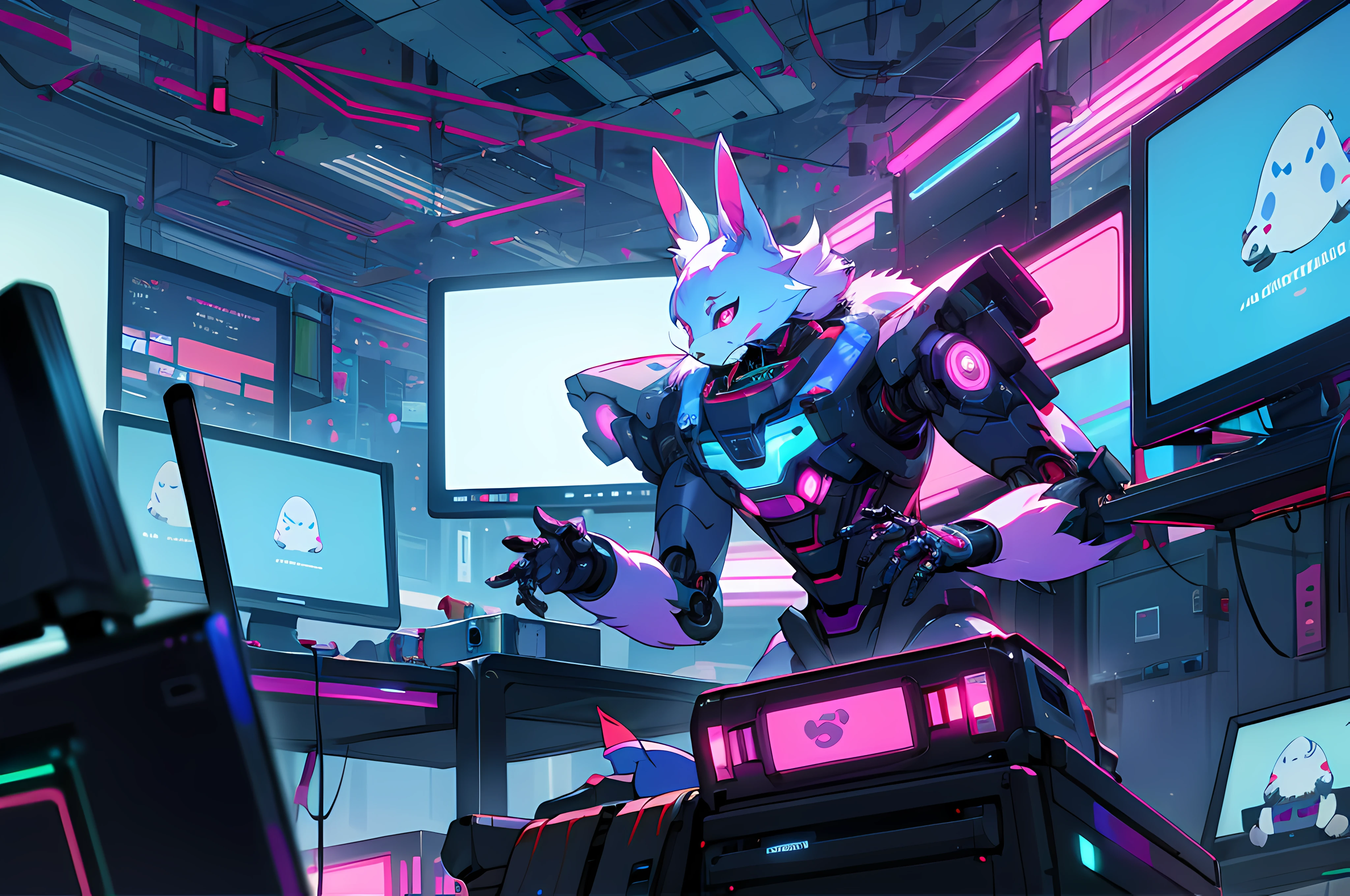 (blame! style abandoned tech landscape), (Zen, Amy Sol style), (((beats to relax/study to))), (((Lofi anthro kemono blue-furred rabbit girl in power armor sitting in metal chair behind computer terminal, behind giant glass terminal screen, beats to relax/study to))), (((blue kemono beastars furry rabbit anime hacker with small soft furry paws))), (((suspended glass cyberpunk computer terminals with robot rabbit in background))), ((glowing cyberdeck screens)), (underground, dark, foggy, perilous, abandoned dystopian apartment bedroom, deep windows), (abstract anthro rabbit figure wearing bunny ears), cover art with light abstraction, abstract, simple vector art, contemporary Cybernetic art, color gradients, soft color palettes, layered forms, whimsical animation, style Ethereal abstract, 4K, --v6