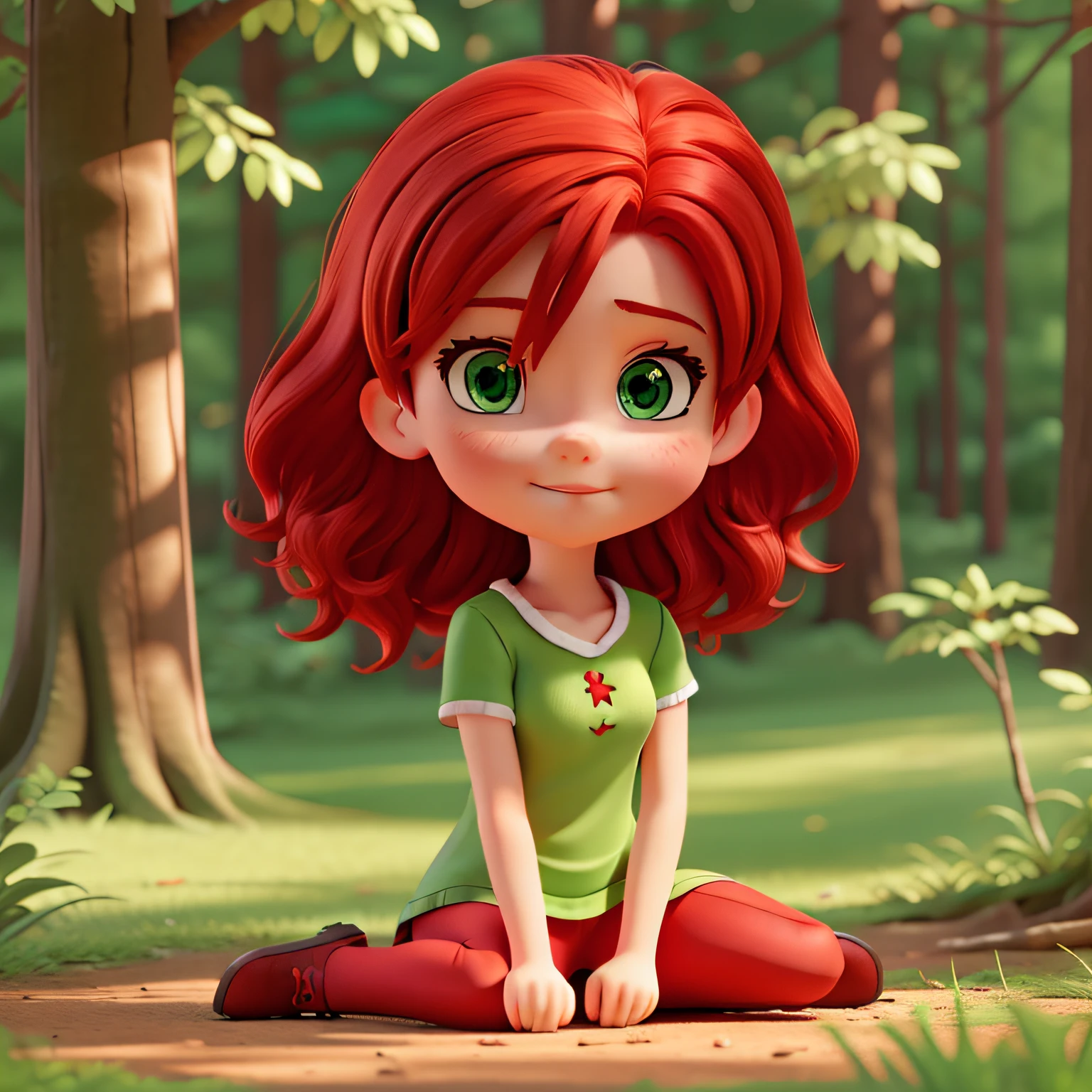 Cartoon girl with red hair and green eyes sitting on the ground in the forest