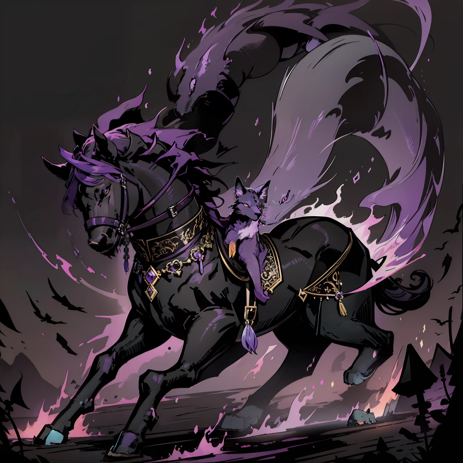 mystical creature, made of black smoke with purple, that is in the shape of an animal.