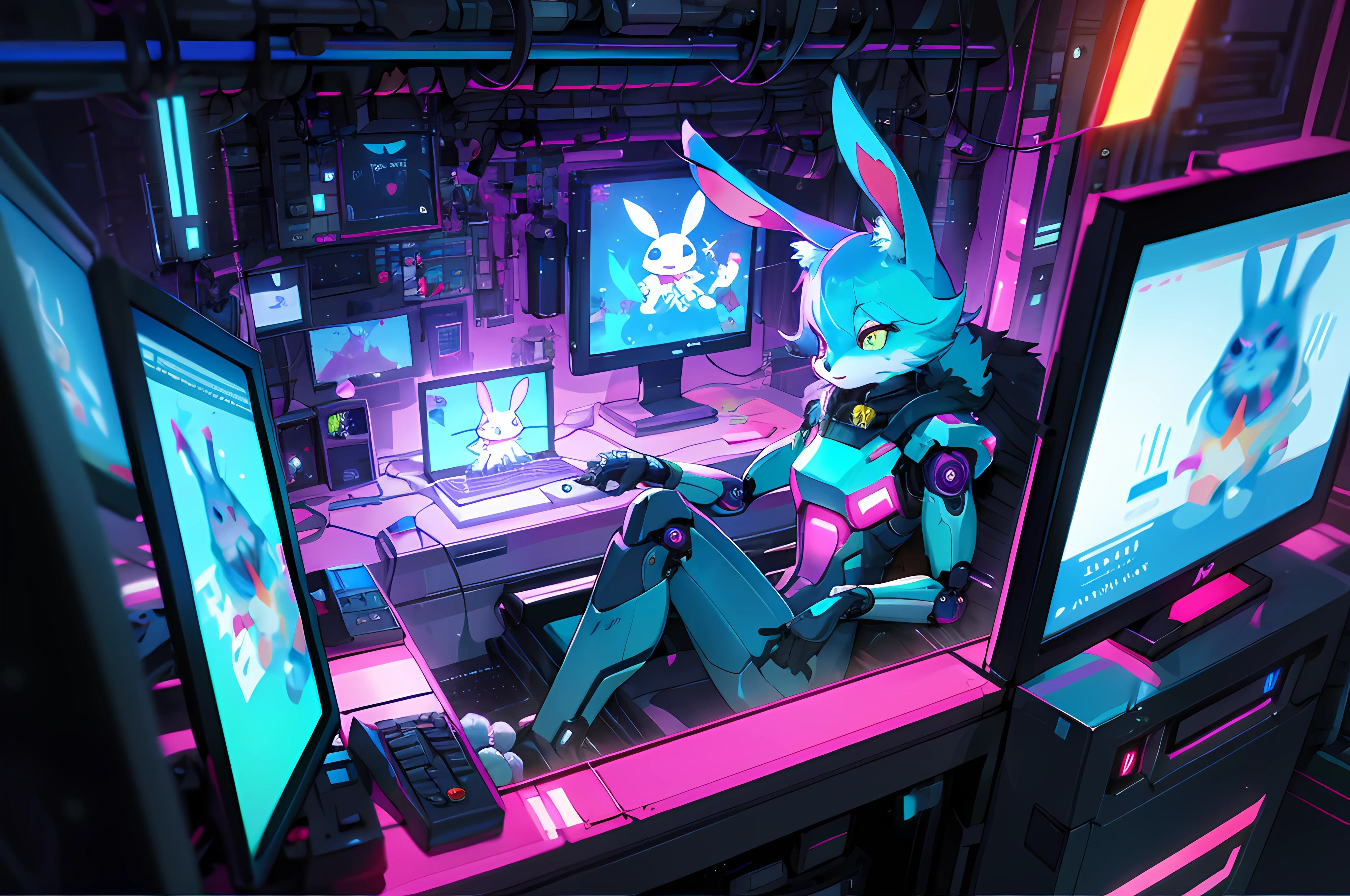 (blame! style abandoned tech landscape), (Zen, Amy Sol style), (((beats to relax/study to))), (((Lofi anthro kemono blue-furred rabbit girl in power armor sitting in metal chair behind computer terminal, behind giant glass terminal screen, beats to relax/study to))), (((blue kemono beastars furry rabbit anime hacker with small soft furry paws))), (((suspended glass cyberpunk computer terminals with robot rabbit in background))), ((glowing cyberdeck screens)), (underground, dark, foggy, perilous, abandoned dystopian apartment bedroom, deep windows), (abstract anthro rabbit figure wearing bunny ears), cover art with light abstraction, abstract, simple vector art, contemporary Cybernetic art, color gradients, soft color palettes, layered forms, whimsical animation, style Ethereal abstract, 4K, --v6